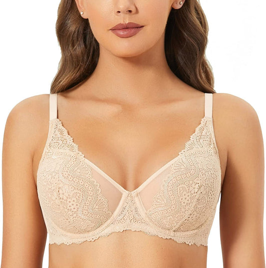DOBREVA Women'S Lace Bralette See through Sexy Minimizer Bra plus Size Sheer Underwire Beige / 40C