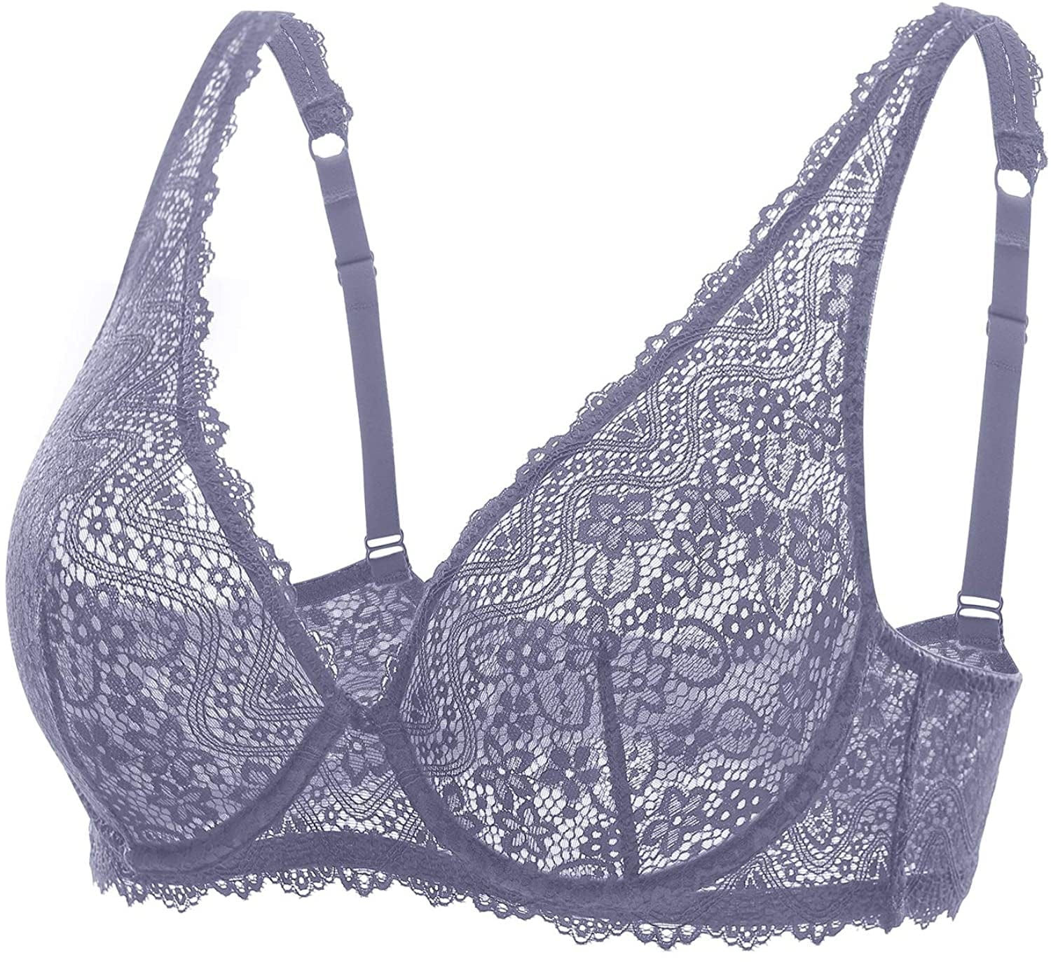 DOBREVA Women'S Lace Plunge Bra Sexy Underwire Bralette plus Size See through Unlined Bras Adobeblue / 40DD