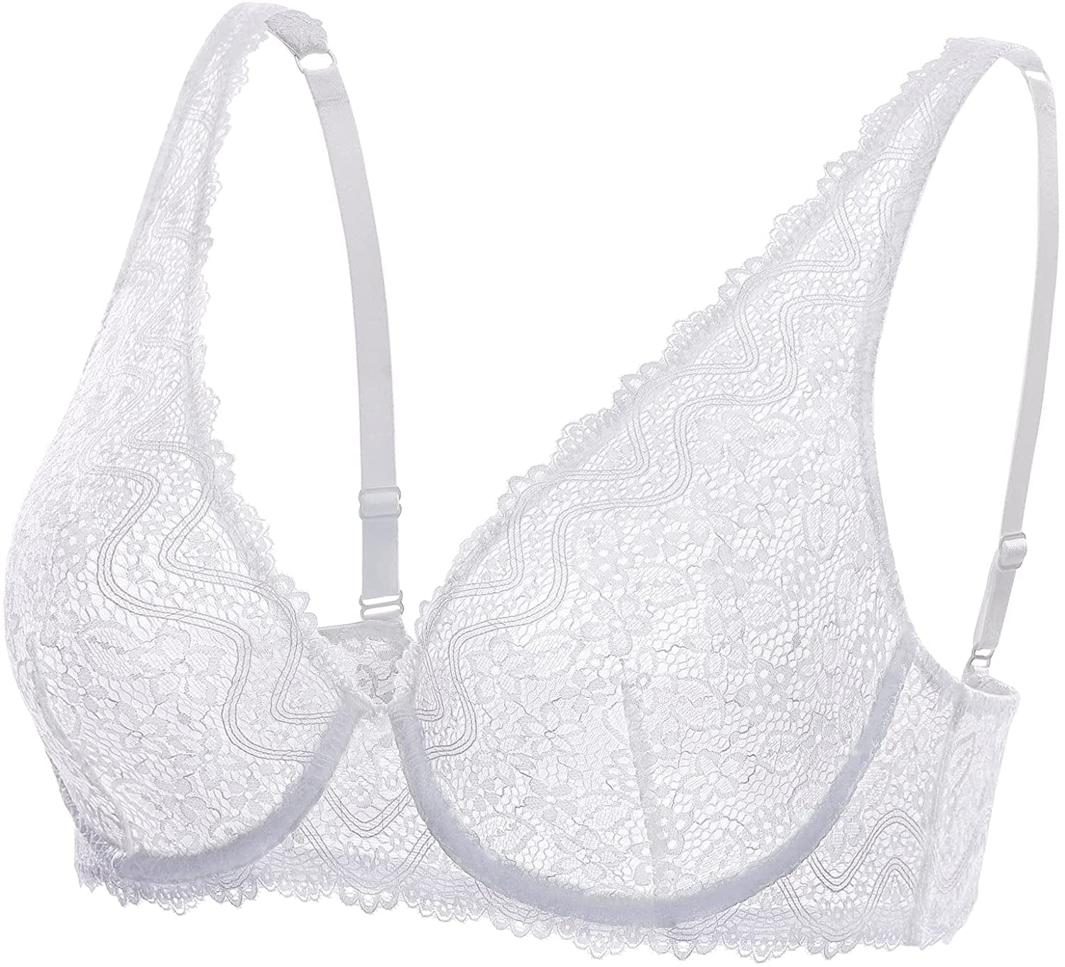 DOBREVA Women'S Lace Plunge Bra Sexy Underwire Bralette plus Size See through Unlined Bras White / 42E