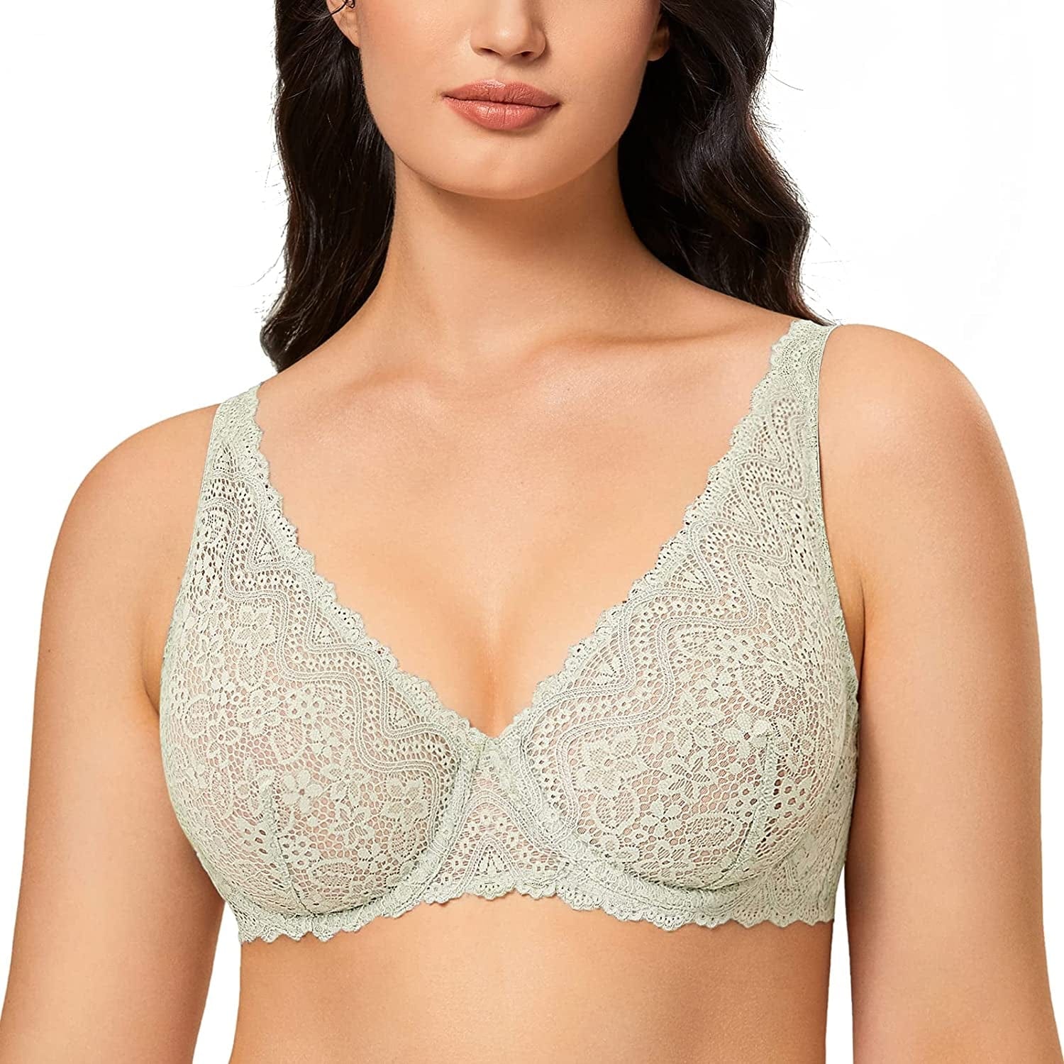 DOBREVA Women'S Lace Plunge Bra Sexy Underwire Bralette plus Size See through Unlined Bras Mint Green / 34C
