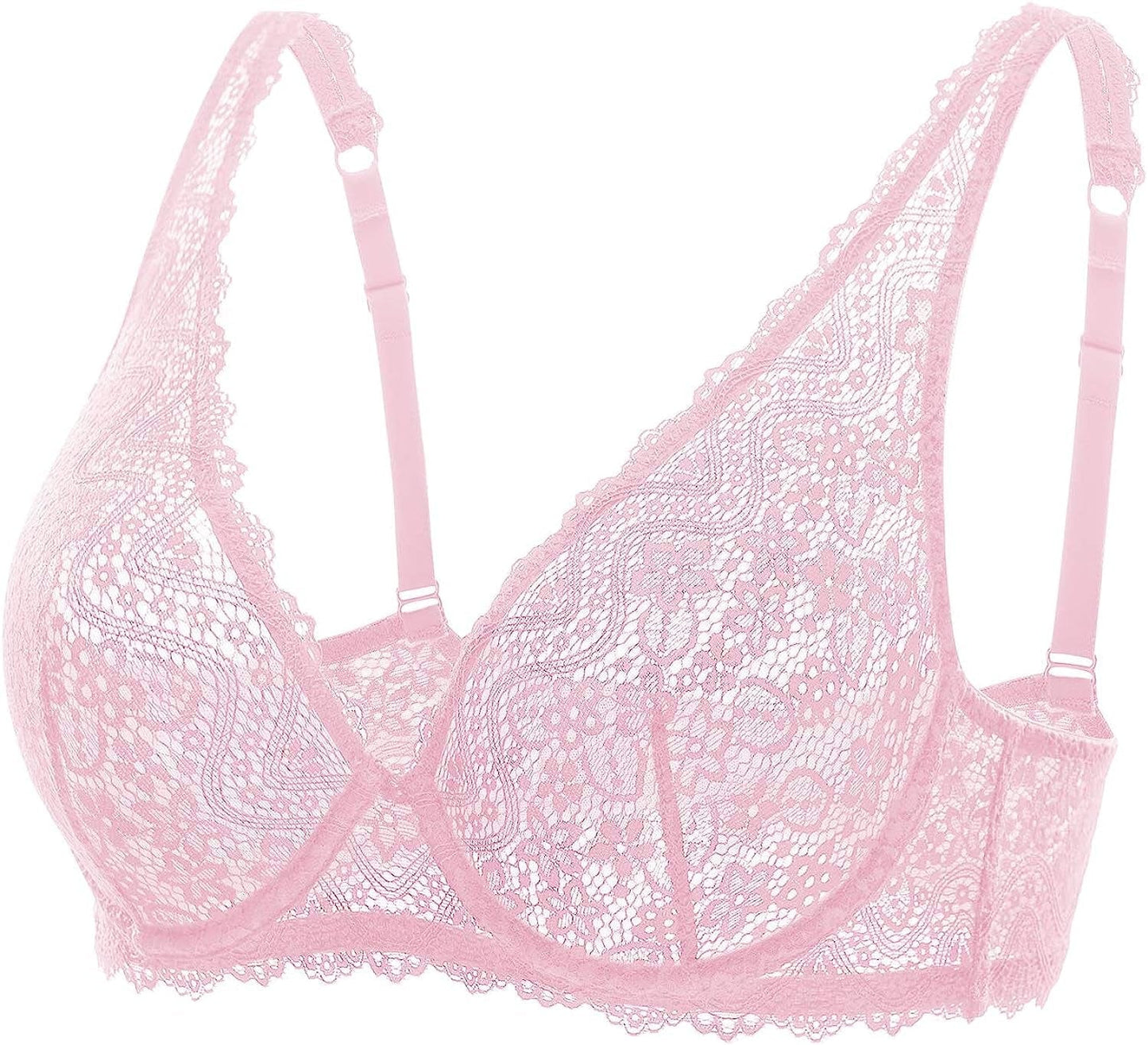 DOBREVA Women'S Lace Plunge Bra Sexy Underwire Bralette plus Size See through Unlined Bras Pink Gazelle / 40DD