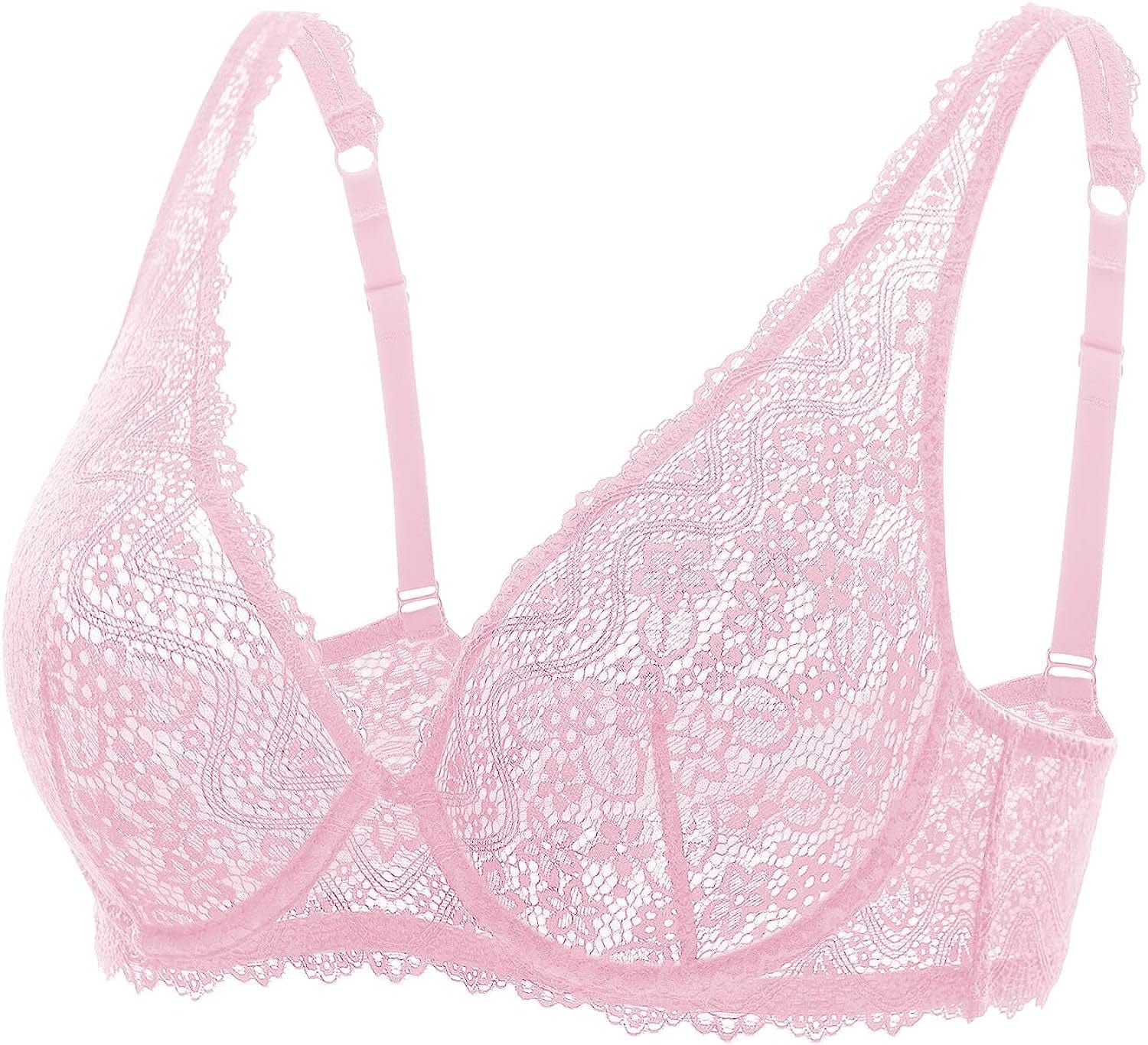 DOBREVA Women'S Lace Plunge Bra Sexy Underwire Bralette plus Size See through Unlined Bras Pink Gazelle / 40DD