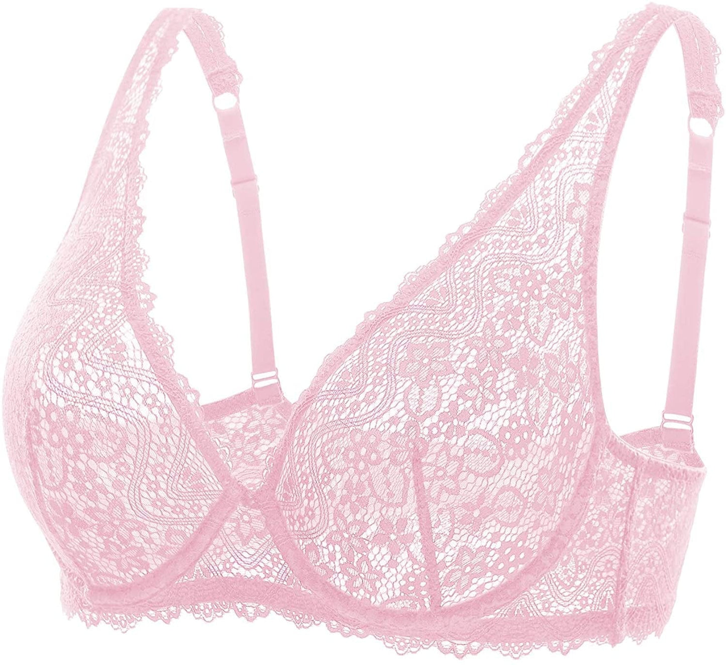 DOBREVA Women'S Lace Plunge Bra Sexy Underwire Bralette plus Size See through Unlined Bras Pink Gazelle / 32E