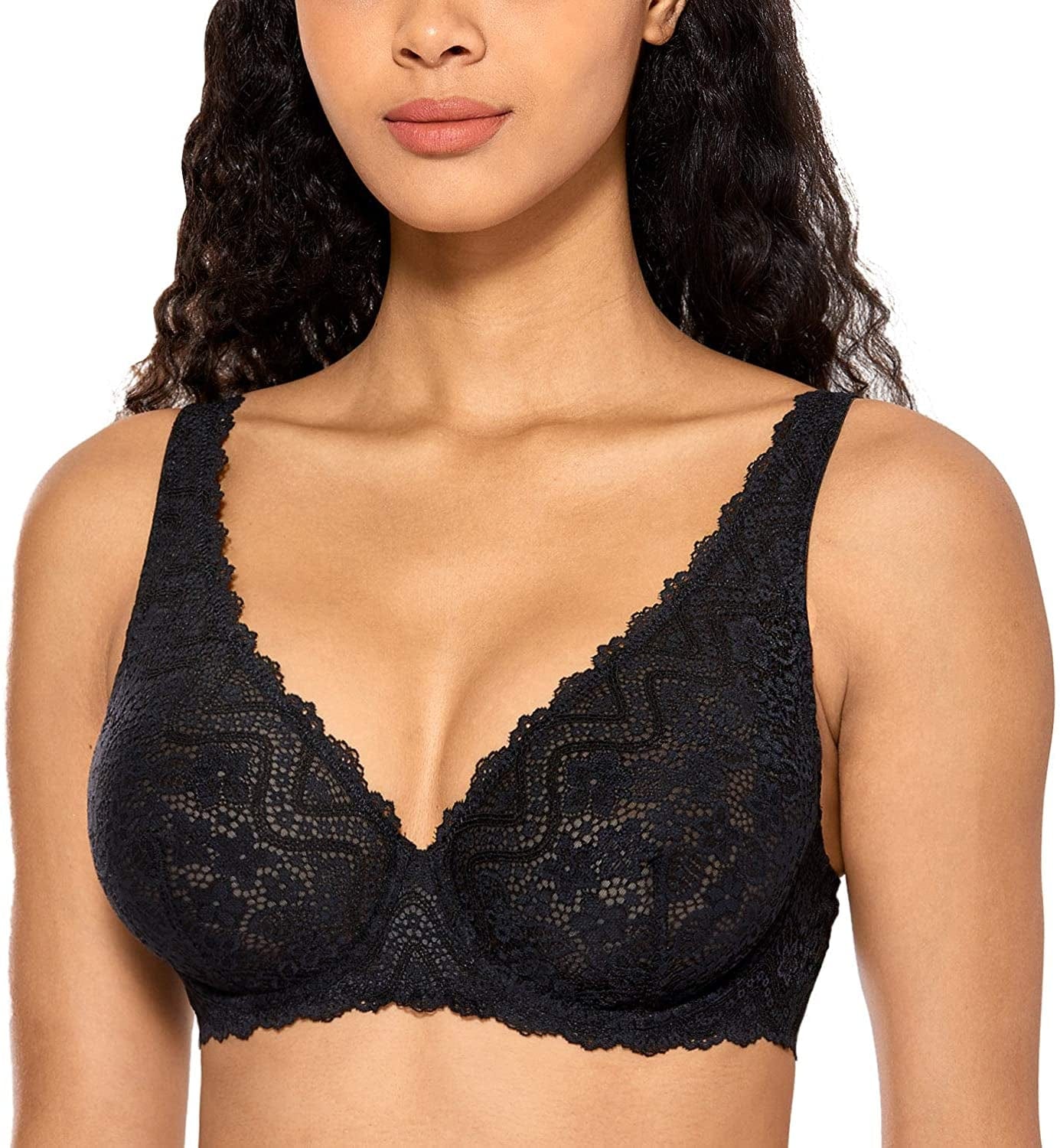 DOBREVA Women'S Lace Plunge Bra Sexy Underwire Bralette plus Size See through Unlined Bras Black / 32DD