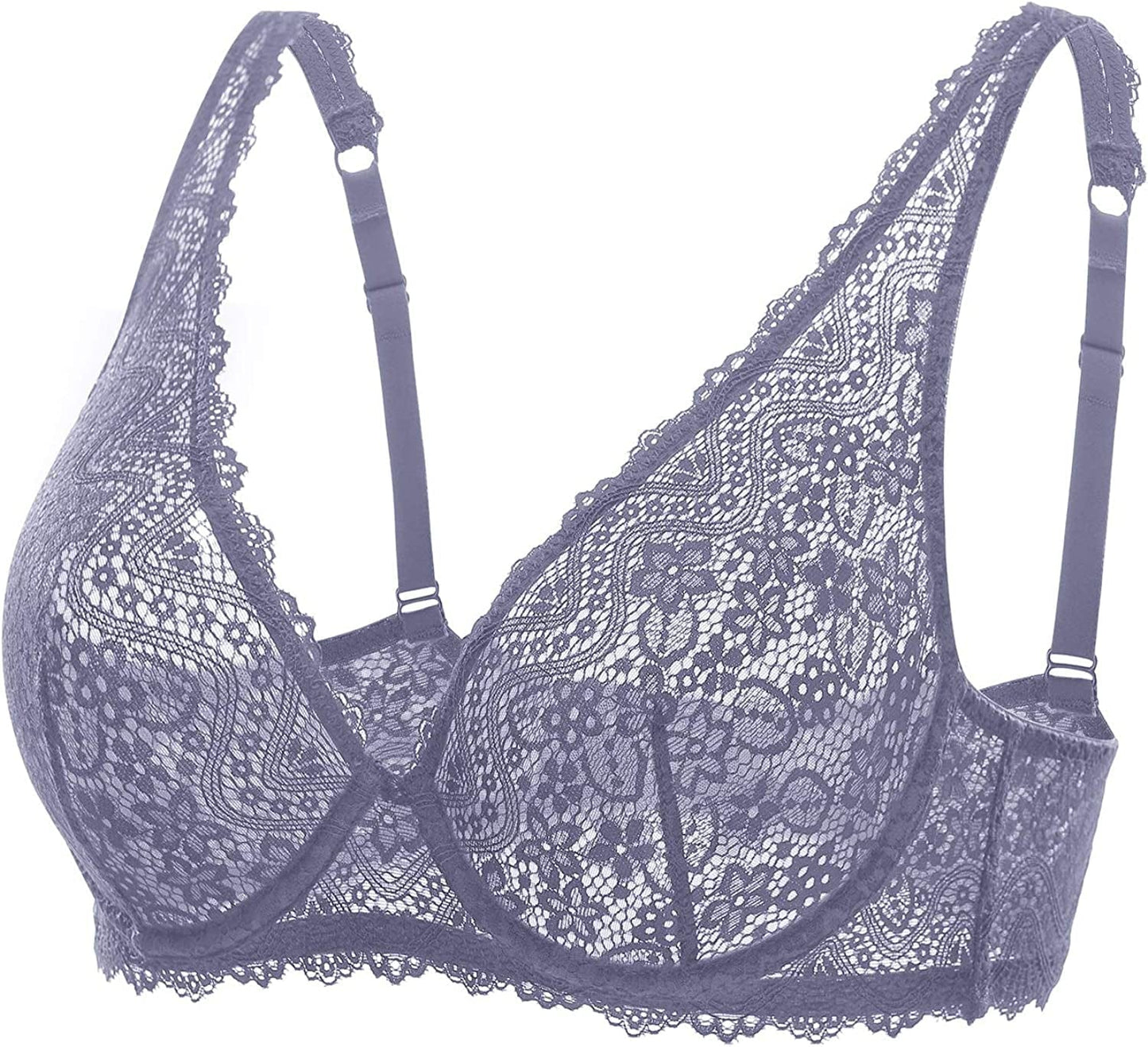 DOBREVA Women'S Lace Plunge Bra Sexy Underwire Bralette plus Size See through Unlined Bras Adobeblue / 32E