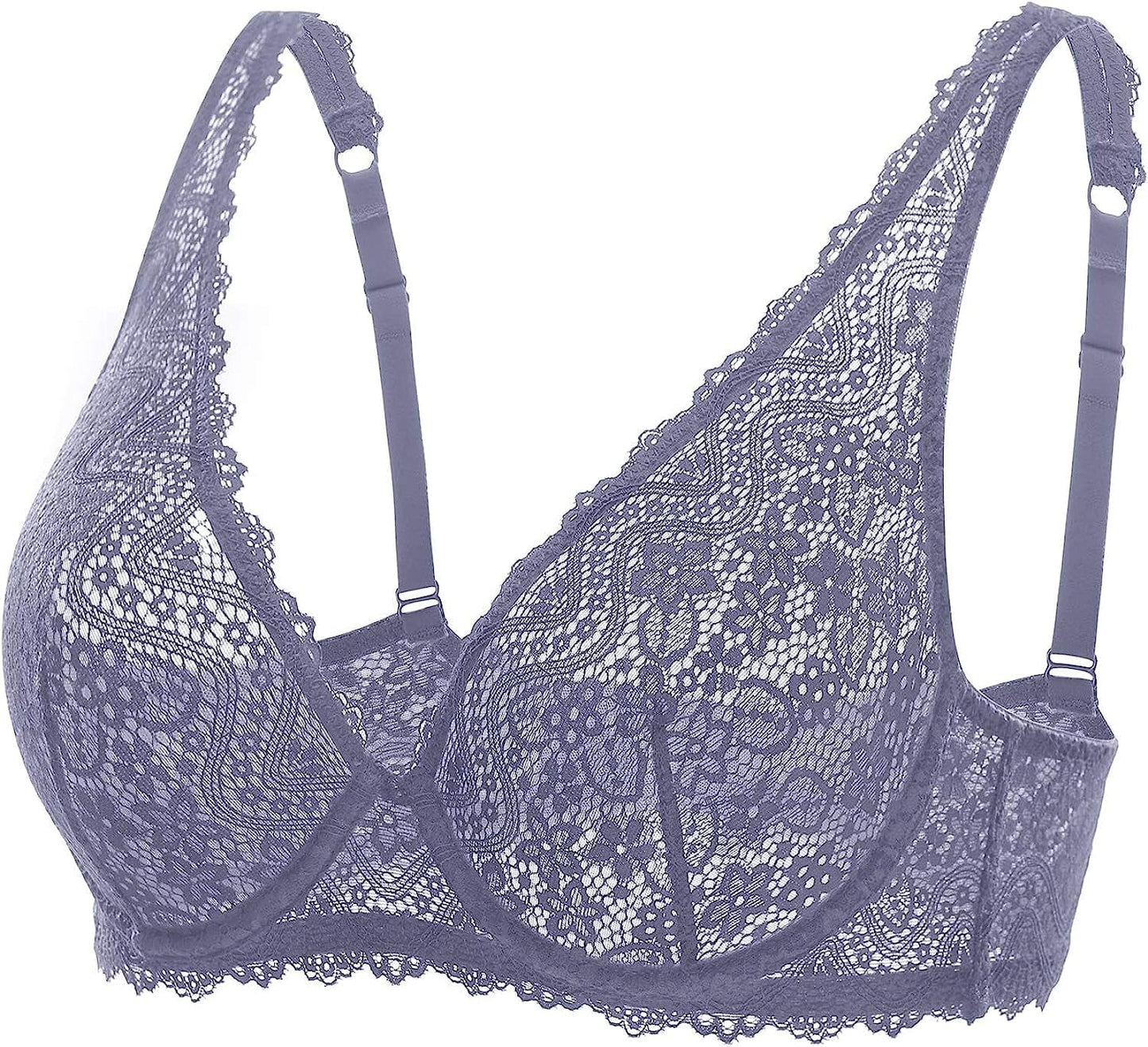 DOBREVA Women'S Lace Plunge Bra Sexy Underwire Bralette plus Size See through Unlined Bras Adobeblue / 38F