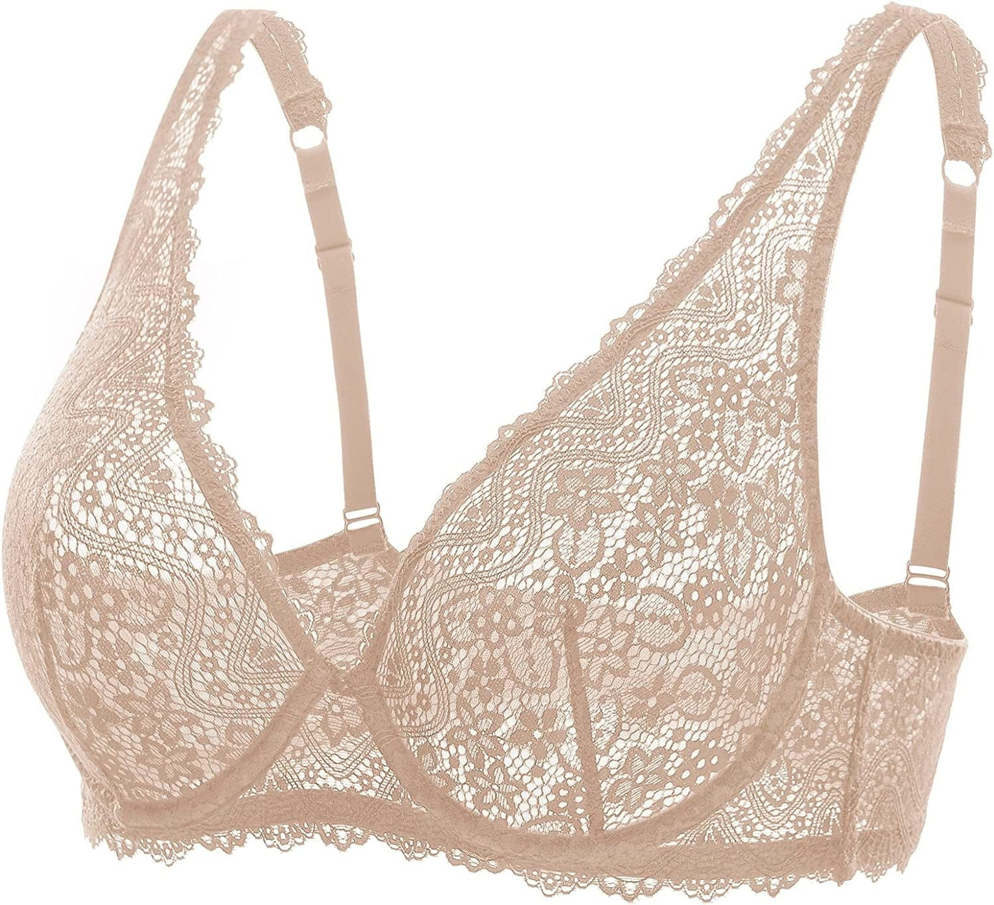 DOBREVA Women'S Lace Plunge Bra Sexy Underwire Bralette plus Size See through Unlined Bras Beige / 32E