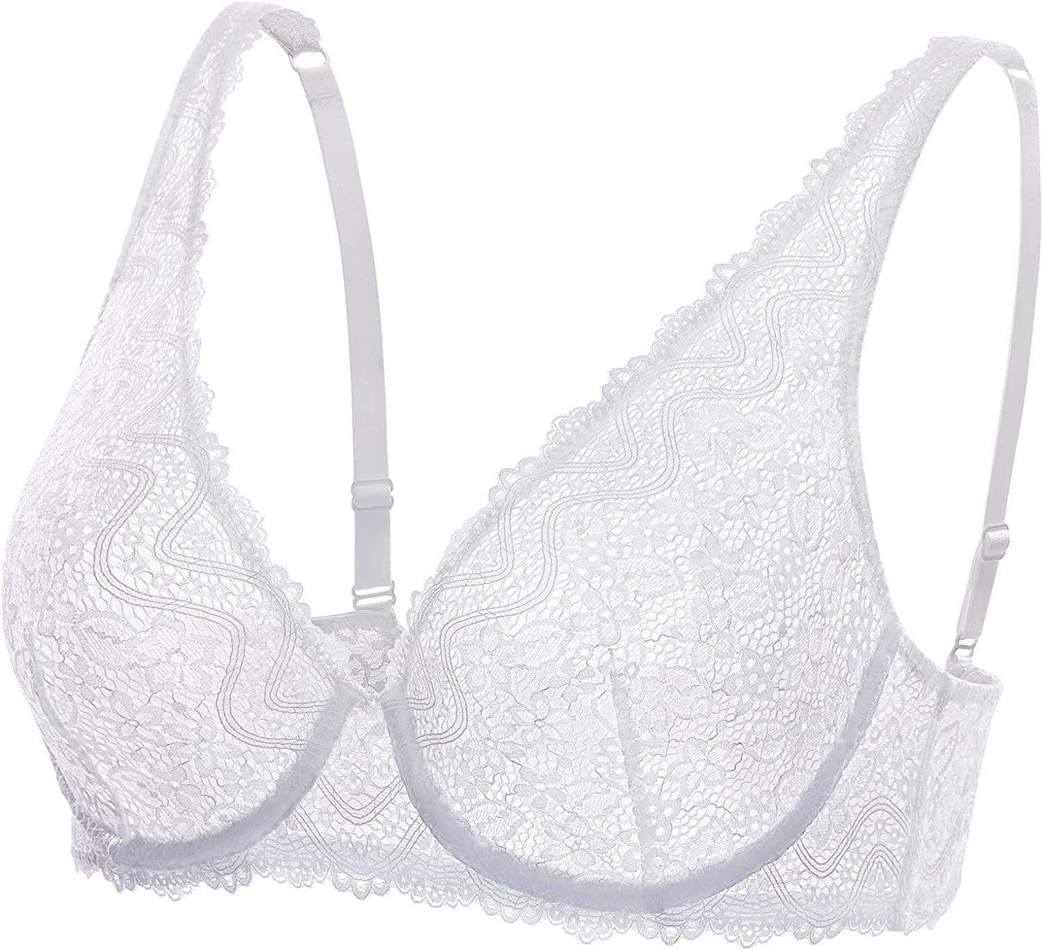 DOBREVA Women'S Lace Plunge Bra Sexy Underwire Bralette plus Size See through Unlined Bras White / 32E