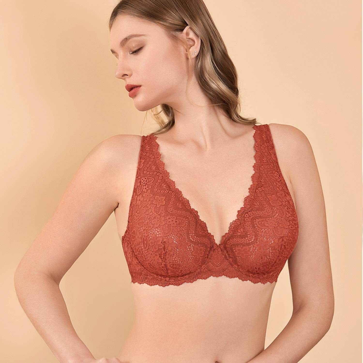 DOBREVA Women'S Lace Plunge Bra Sexy Underwire Bralette plus Size See through Unlined Bras