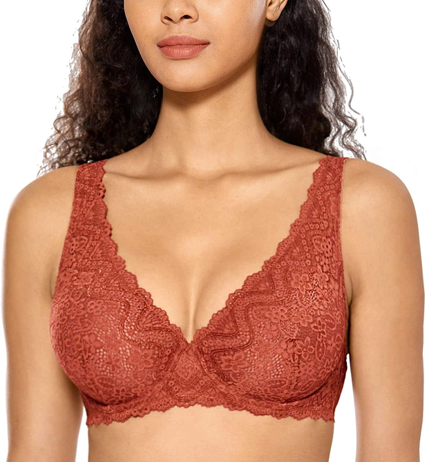 DOBREVA Women'S Lace Plunge Bra Sexy Underwire Bralette plus Size See through Unlined Bras Pumpkin / 32E