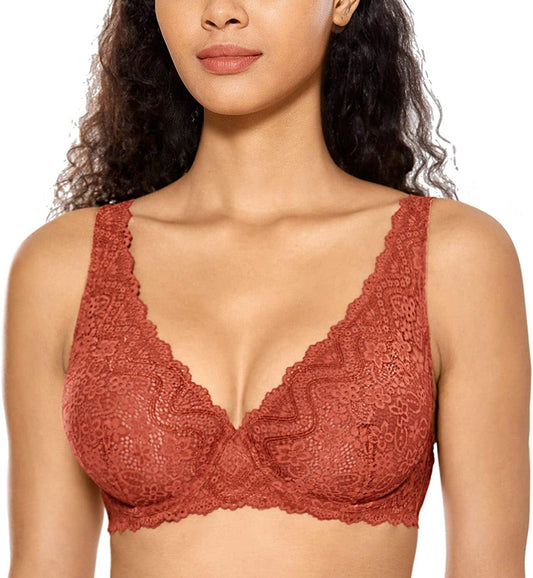 DOBREVA Women'S Lace Plunge Bra Sexy Underwire Bralette plus Size See through Unlined Bras Pumpkin / 32E