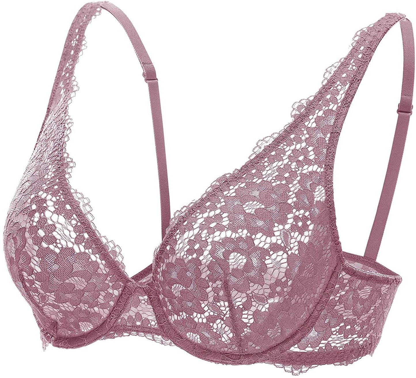 DOBREVA Women'S Lace Unlined Plunge Bra Underwire Bralette plus Size Sheer Full Coverage Bras Orchid Rose / 38DD