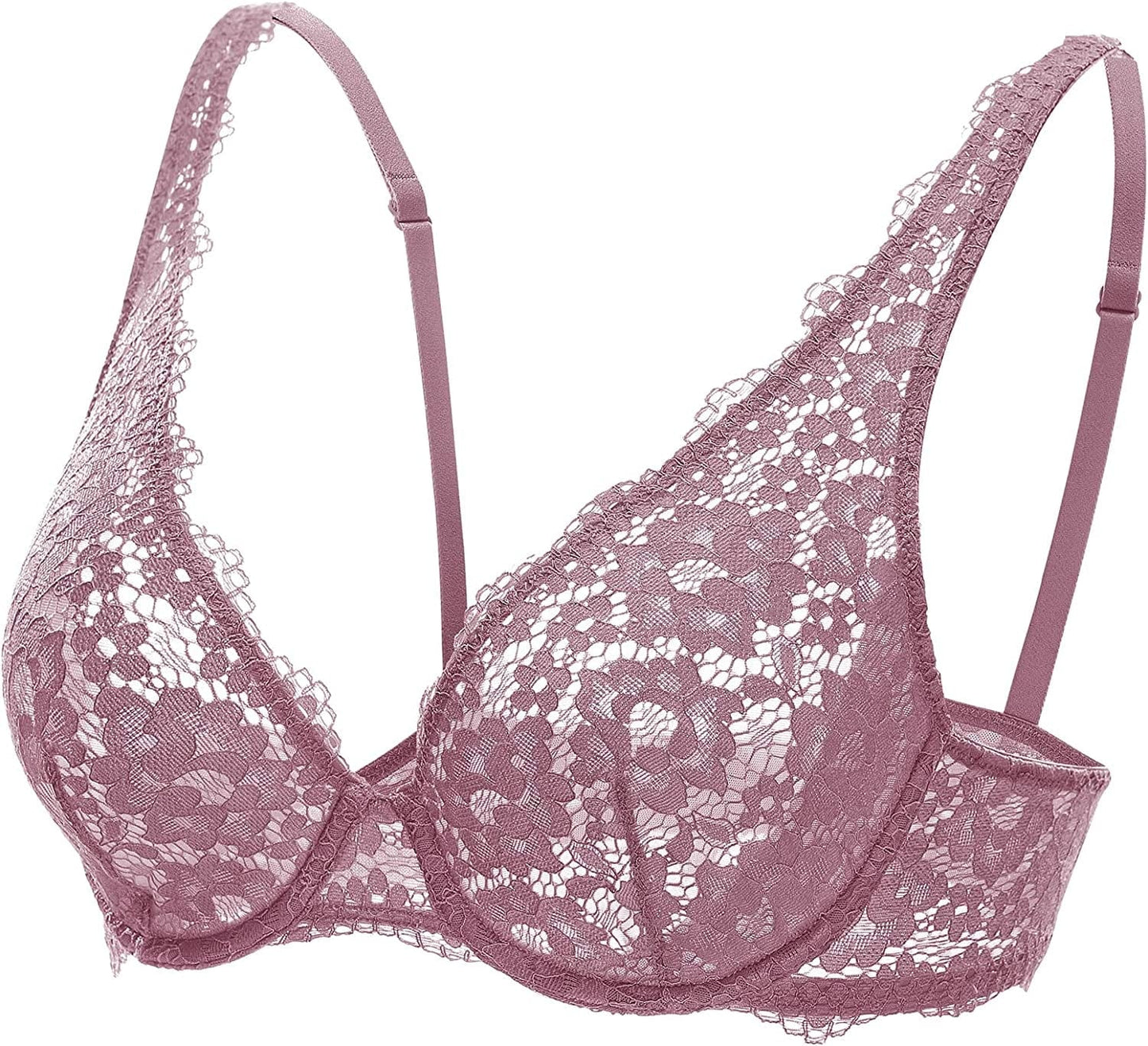 DOBREVA Women'S Lace Unlined Plunge Bra Underwire Bralette plus Size Sheer Full Coverage Bras Orchid Rose / 34A