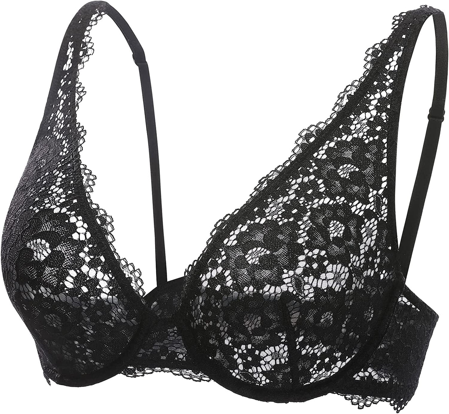 DOBREVA Women'S Lace Unlined Plunge Bra Underwire Bralette plus Size Sheer Full Coverage Bras Black / 34DD