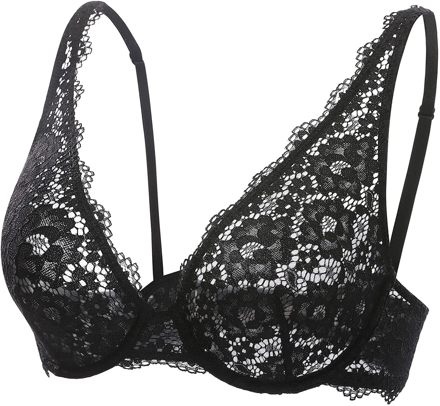 DOBREVA Women'S Lace Unlined Plunge Bra Underwire Bralette plus Size Sheer Full Coverage Bras Black / 36C