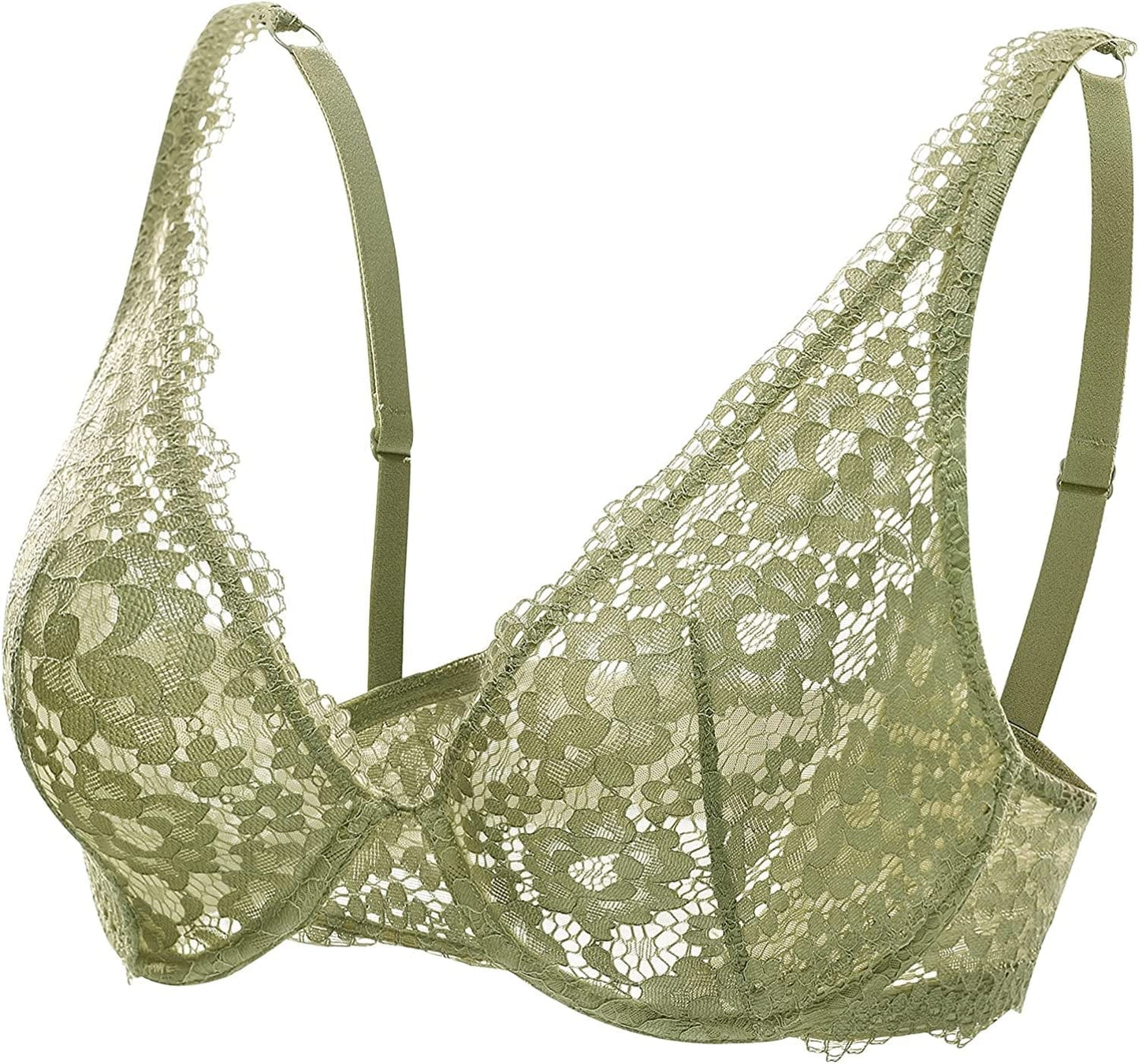 DOBREVA Women'S Lace Unlined Plunge Bra Underwire Bralette plus Size Sheer Full Coverage Bras Green / 38D