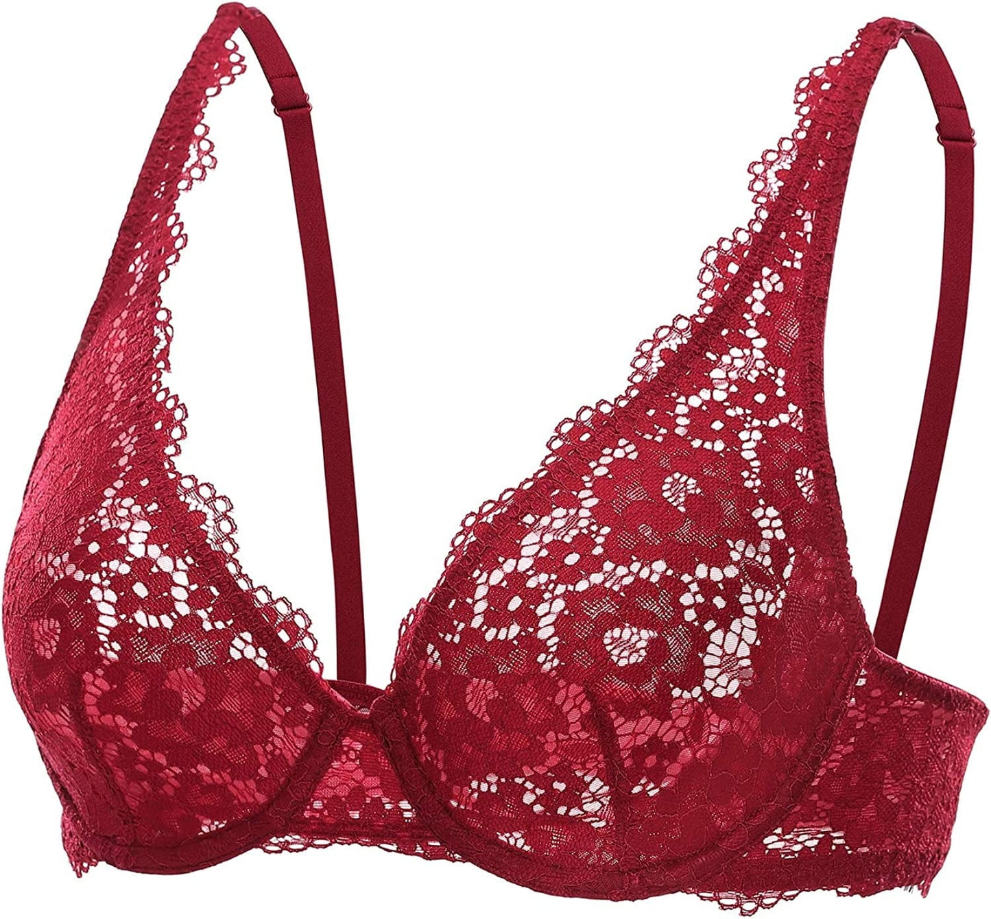 DOBREVA Women'S Lace Unlined Plunge Bra Underwire Bralette plus Size Sheer Full Coverage Bras Cerise / 32D