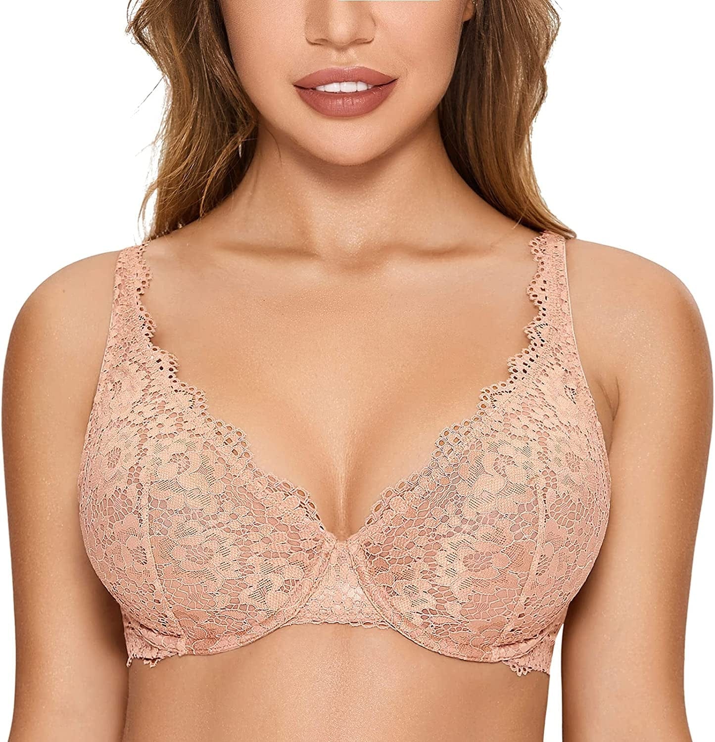 DOBREVA Women'S Lace Unlined Plunge Bra Underwire Bralette plus Size Sheer Full Coverage Bras
