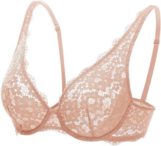 DOBREVA Women'S Lace Unlined Plunge Bra Underwire Bralette plus Size Sheer Full Coverage Bras Cream Coffee / 36DD