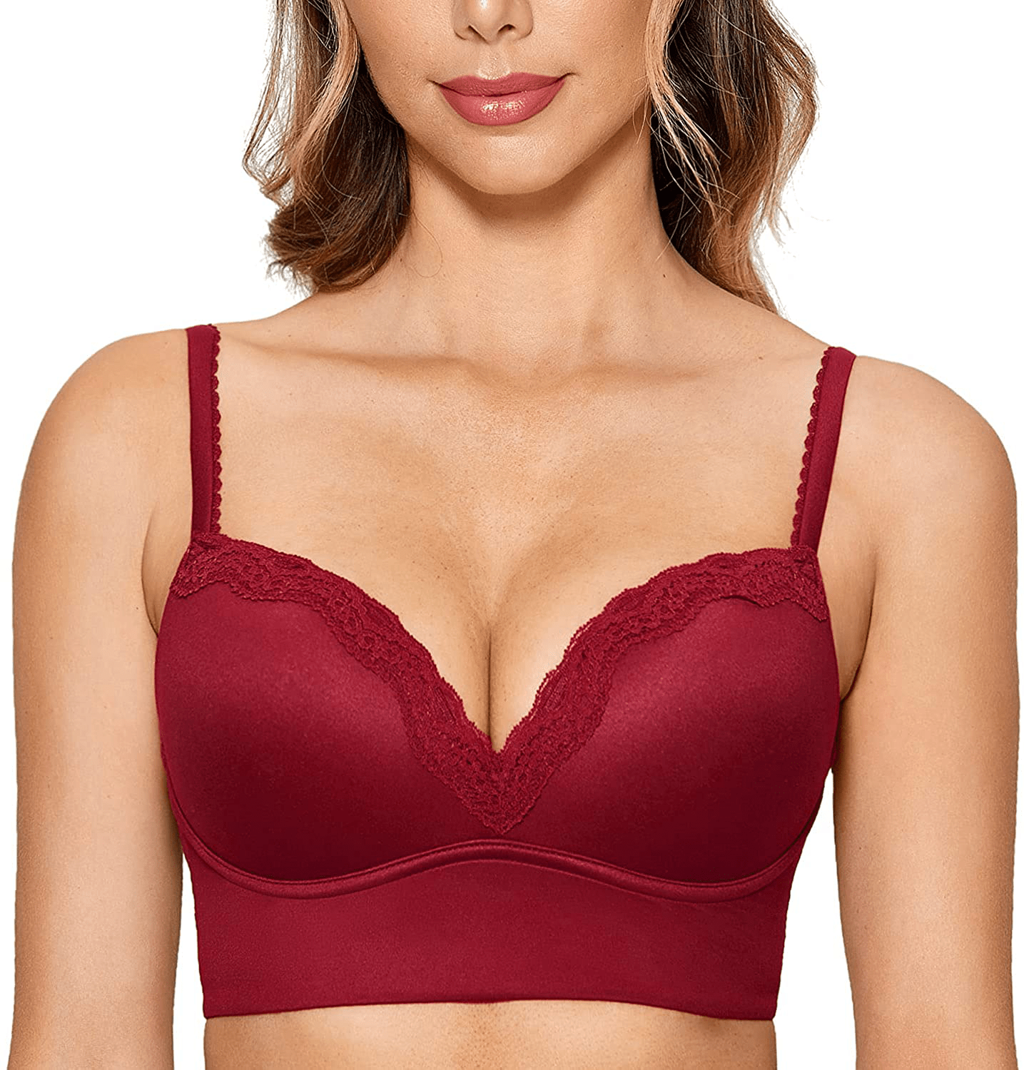 DOBREVA Women's Push Up Bra Wireless Padded Bralette Lace Longline Support Bras Cerise / 40D