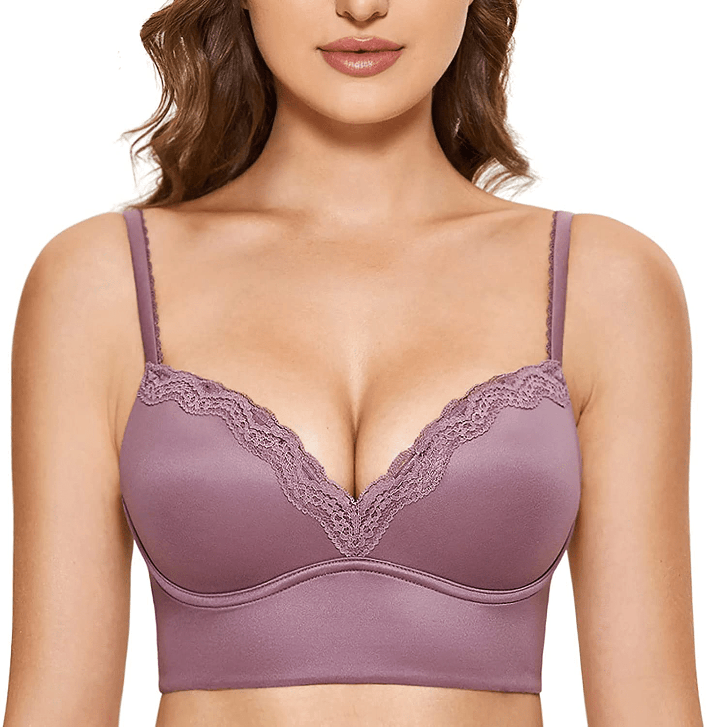 DOBREVA Women's Push Up Bra Wireless Padded Bralette Lace Longline Support Bras Orchid Rose / 34A