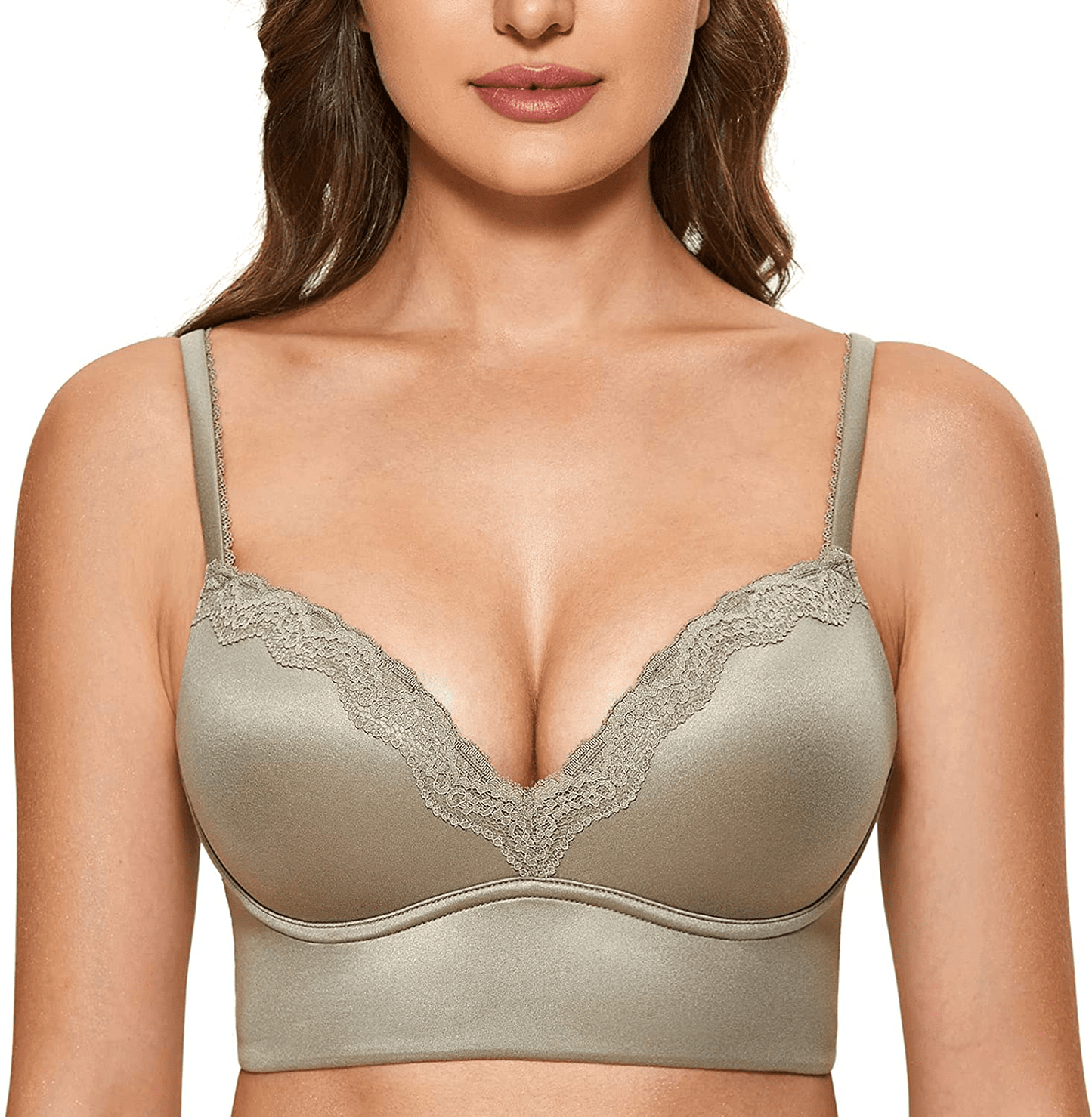 DOBREVA Women's Push Up Bra Wireless Padded Bralette Lace Longline Support Bras Olive Grey / 38C