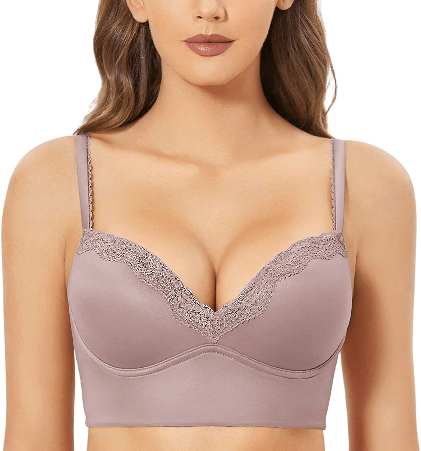 DOBREVA Women's Push Up Bra Wireless Padded Bralette Lace Longline Support Bras Warm Iris / 36D