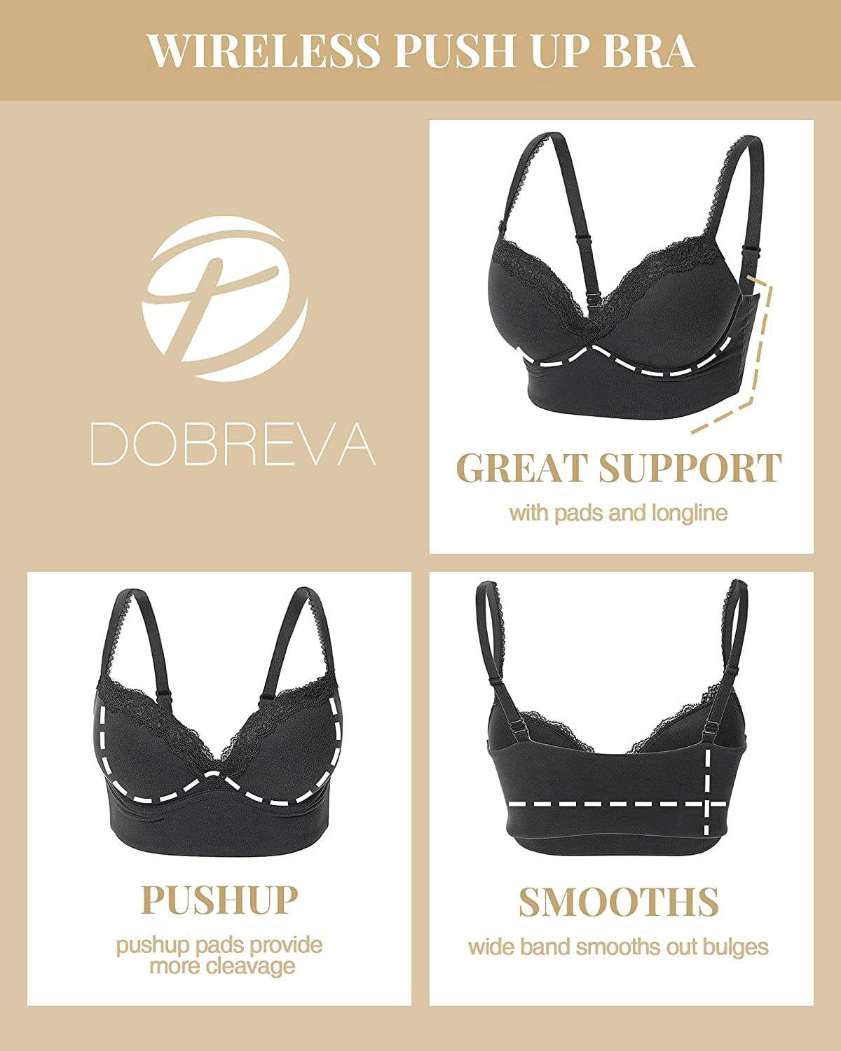 DOBREVA Women's Push Up Bra Wireless Padded Bralette Lace Longline Support Bras