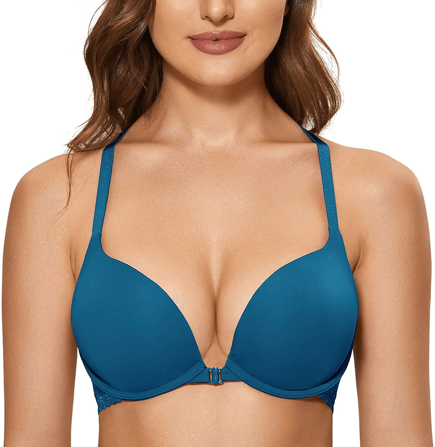 DOBREVA Women's Racerback Front Closure Push Up Lace Bra Tshirt Padded Plunge Bra Shadow Blue / 38DD