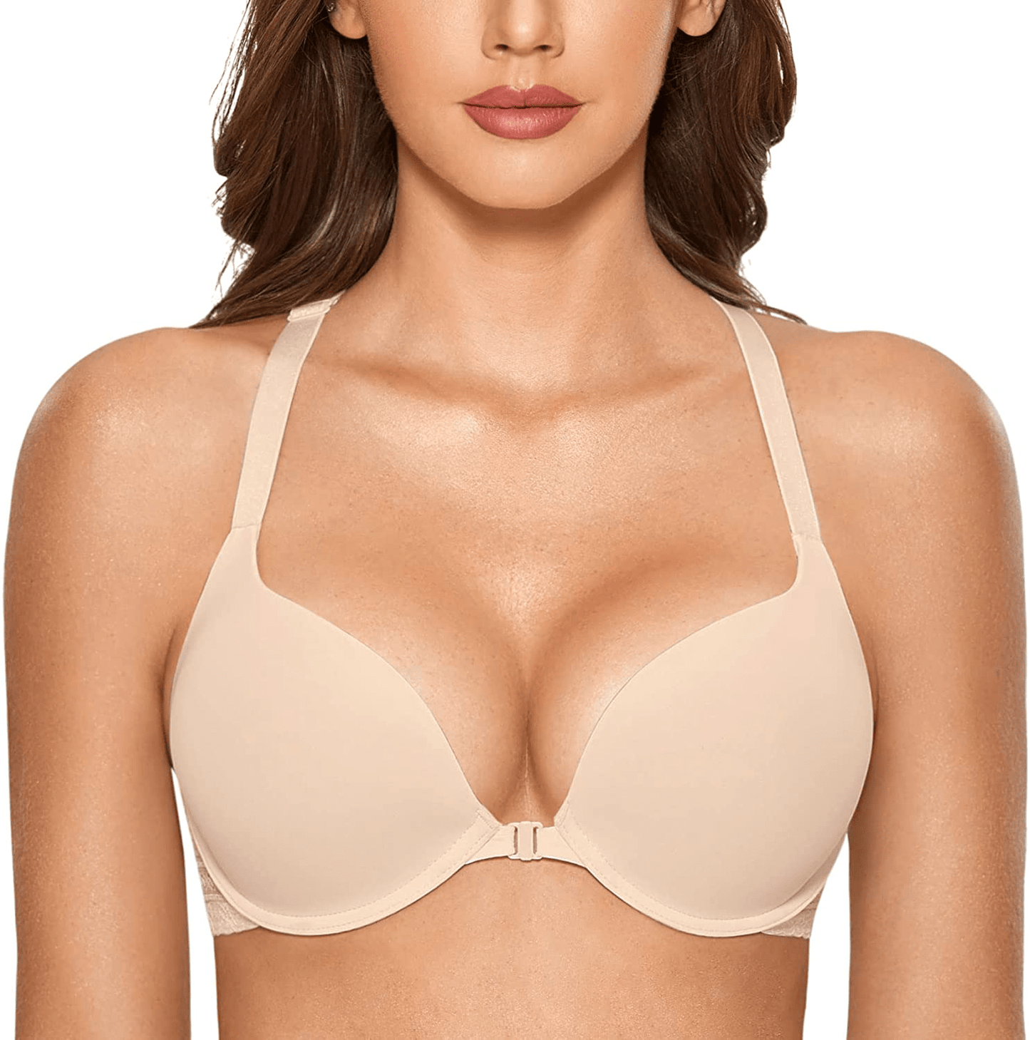 DOBREVA Women's Racerback Front Closure Push Up Lace Bra Tshirt Padded Plunge Bra Beige / 32B