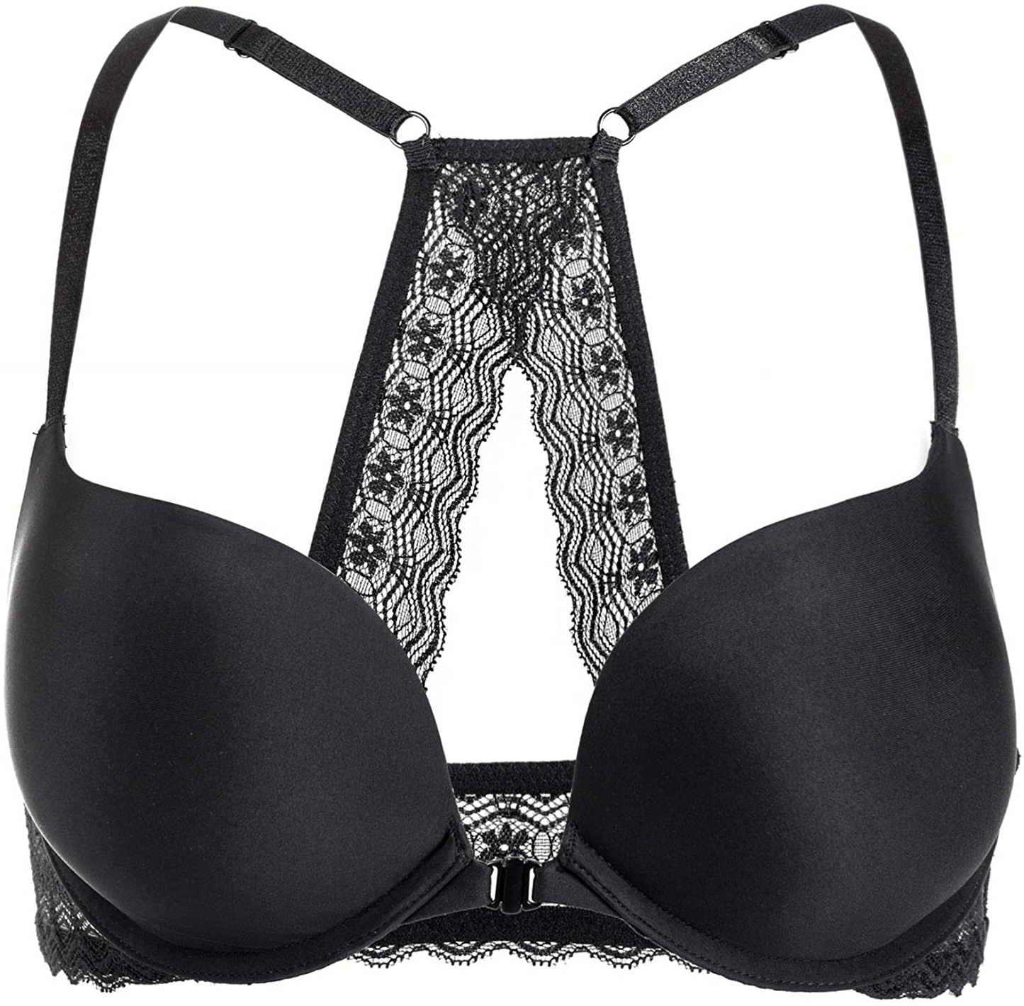 DOBREVA Women's Racerback Front Closure Push Up Lace Bra Tshirt Padded Plunge Bra Black / 36C
