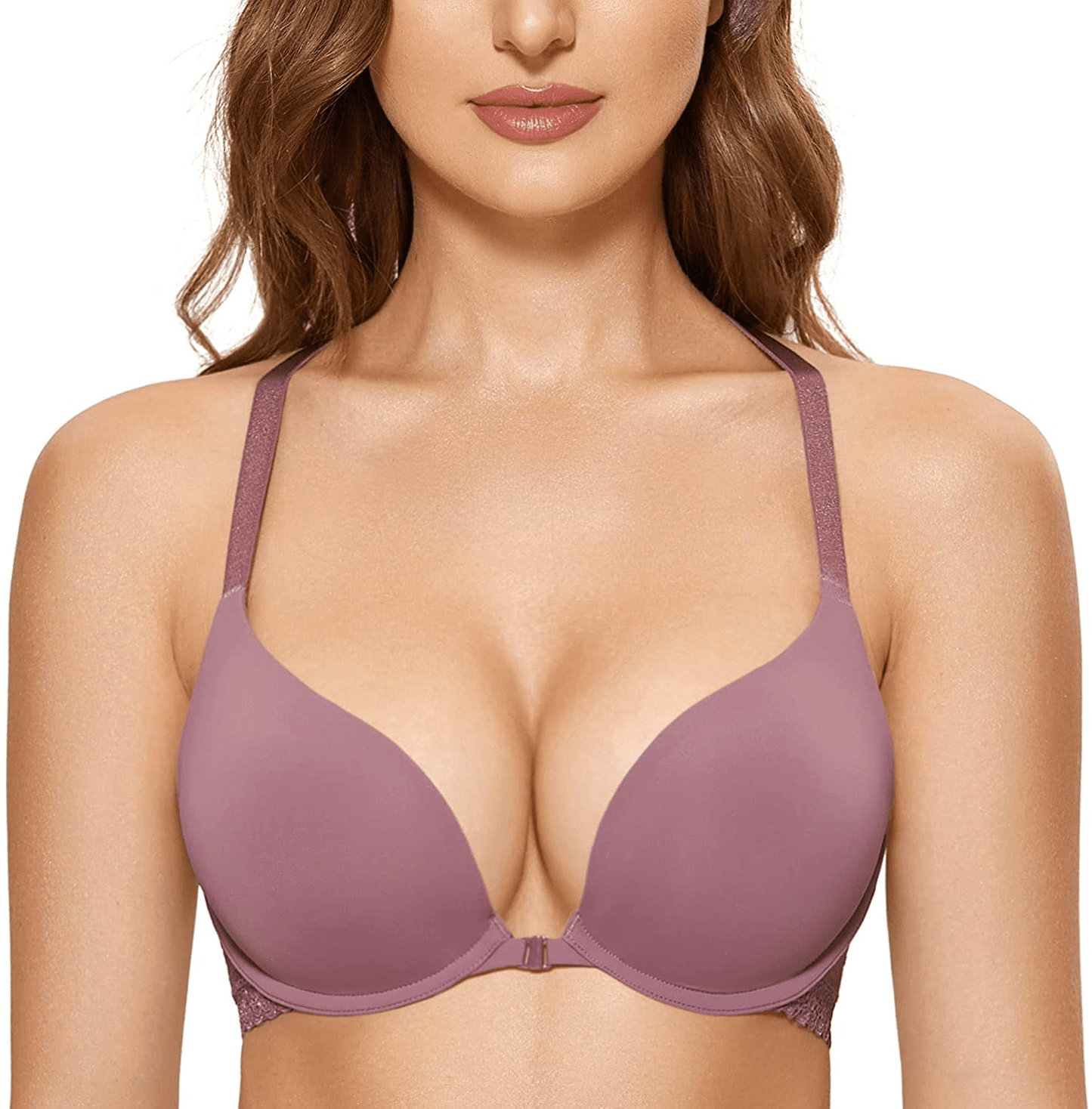 DOBREVA Women's Racerback Front Closure Push Up Lace Bra Tshirt Padded Plunge Bra Orchid Rose / 32D