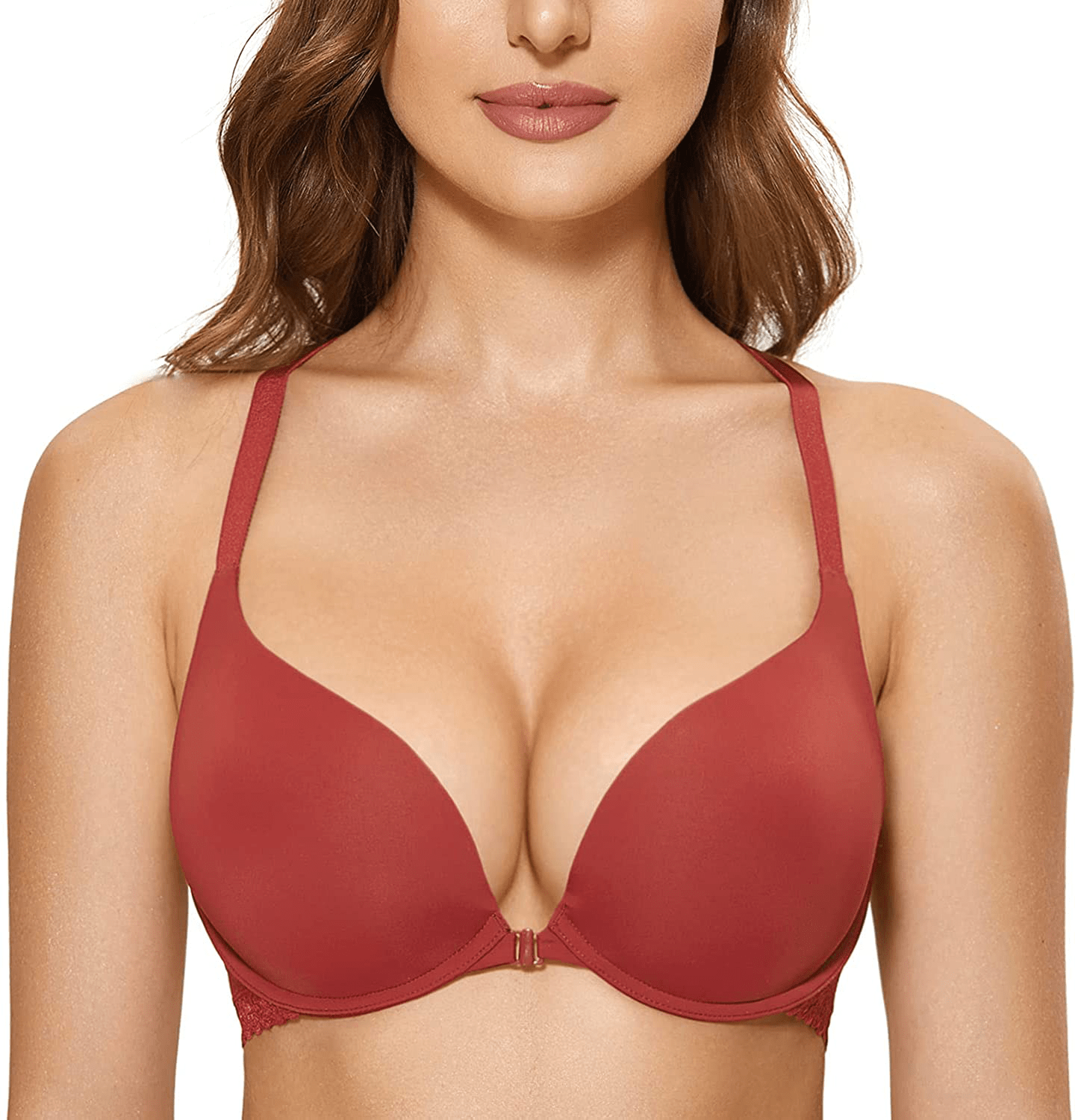 DOBREVA Women's Racerback Front Closure Push Up Lace Bra Tshirt Padded Plunge Bra Bossa Nova / 34A