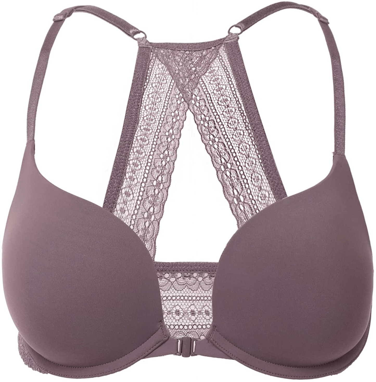 DOBREVA Women's Racerback Front Closure Push Up Lace Bra Tshirt Padded Plunge Bra Cocoa Blush / 36C