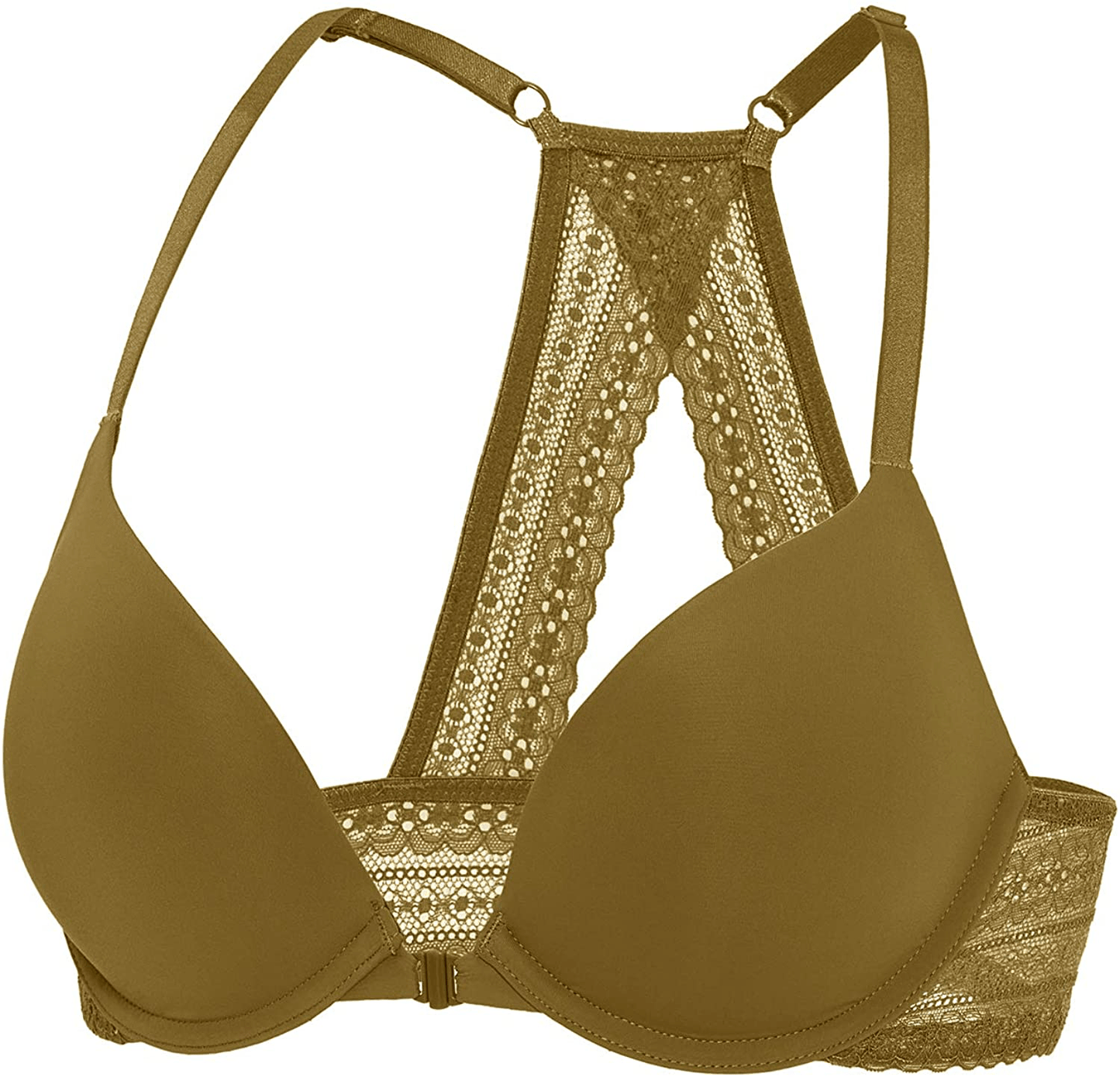 DOBREVA Women's Racerback Front Closure Push Up Lace Bra Tshirt Padded Plunge Bra