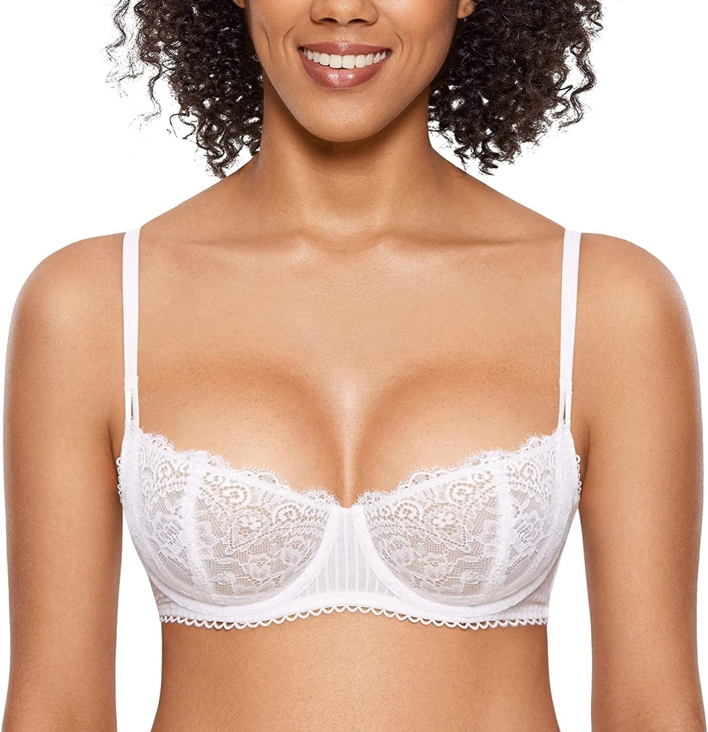 DOBREVA Women'S Sexy Lace Push up plus Size Bra Sheer Balconette Underwire Unlined White / 34B