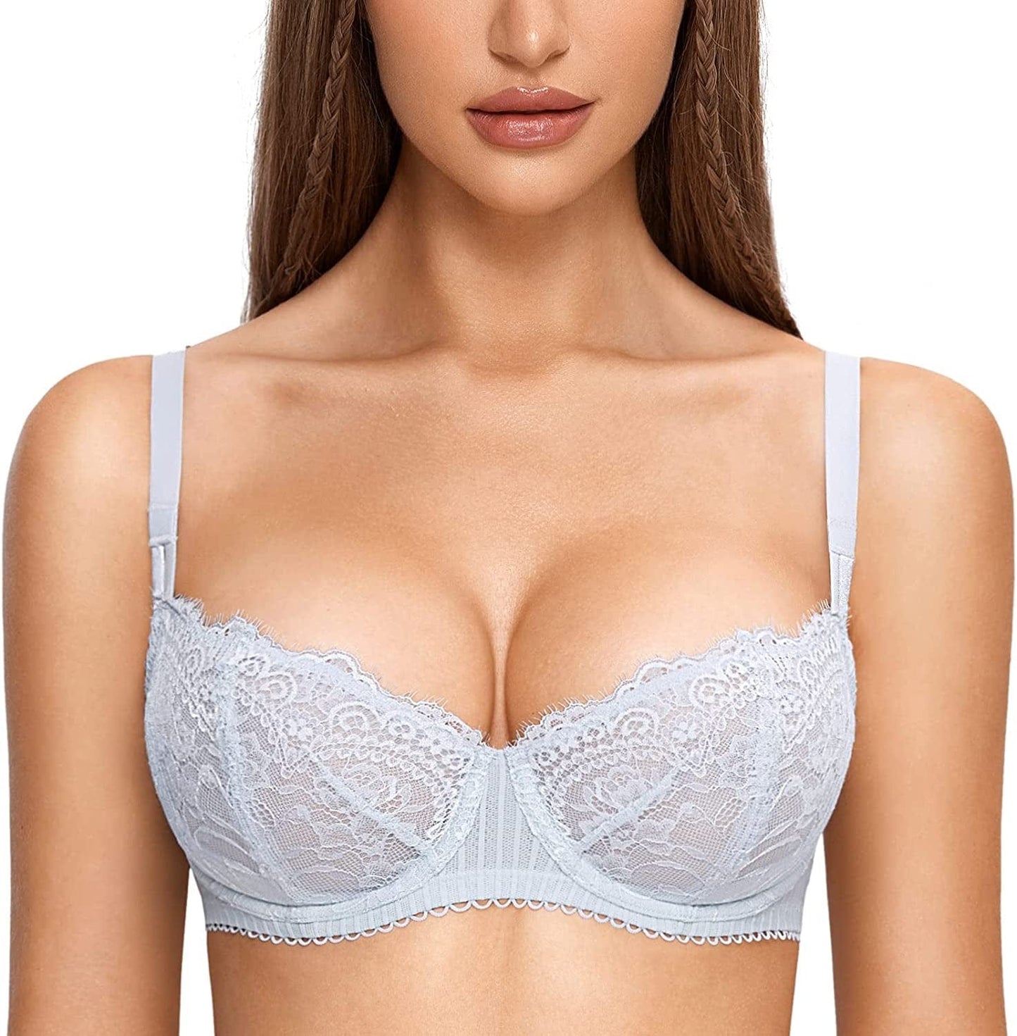 DOBREVA Women'S Sexy Lace Push up plus Size Bra Sheer Balconette Underwire Unlined Opal Gray / 34B