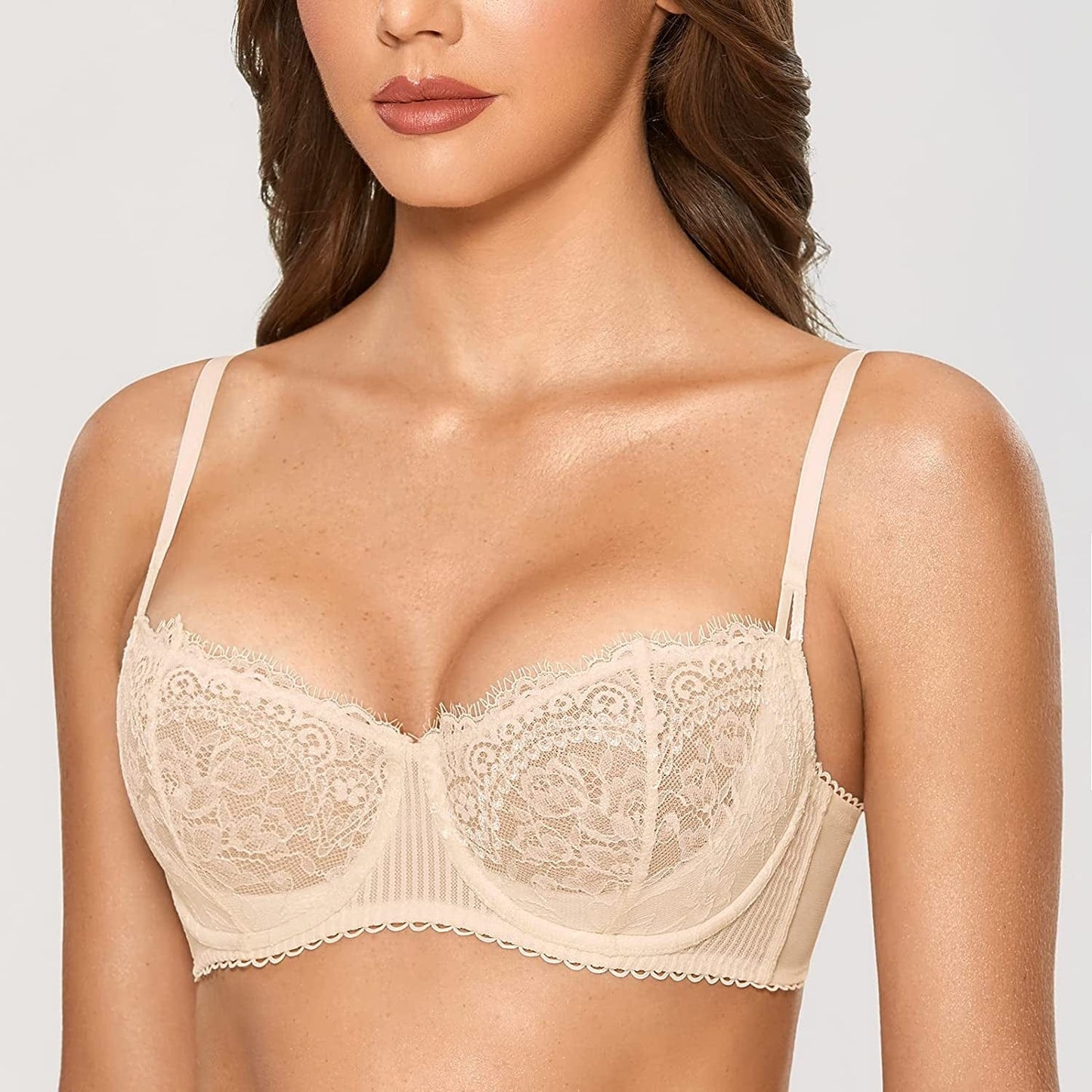 DOBREVA Women'S Sexy Lace Push up plus Size Bra Sheer Balconette Underwire Unlined