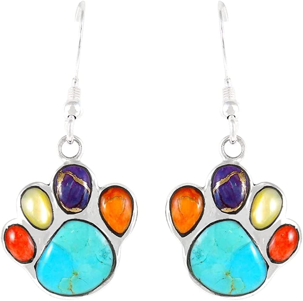 Dog Paw Earrings in Sterling Silver & Genuine Turquoise & Gemstones Multicolor