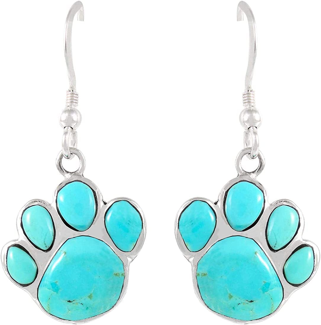 Dog Paw Earrings in Sterling Silver & Genuine Turquoise & Gemstones Turquoise