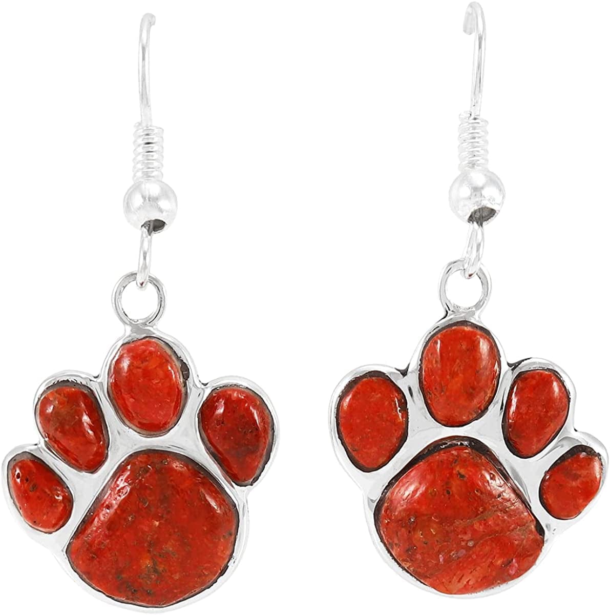 Dog Paw Earrings in Sterling Silver & Genuine Turquoise & Gemstones Coral
