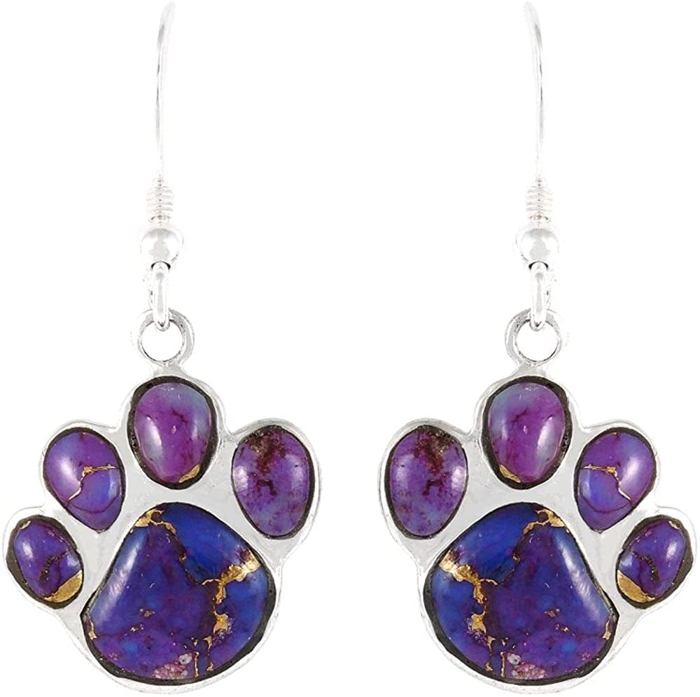 Dog Paw Earrings in Sterling Silver & Genuine Turquoise & Gemstones Purple Turquoise