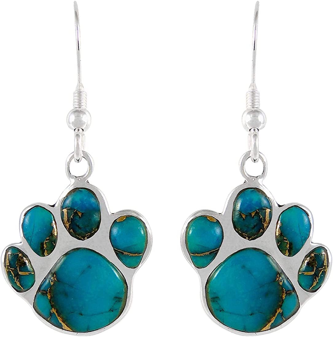 Dog Paw Earrings in Sterling Silver & Genuine Turquoise & Gemstones Teal/Matrix Turquoise