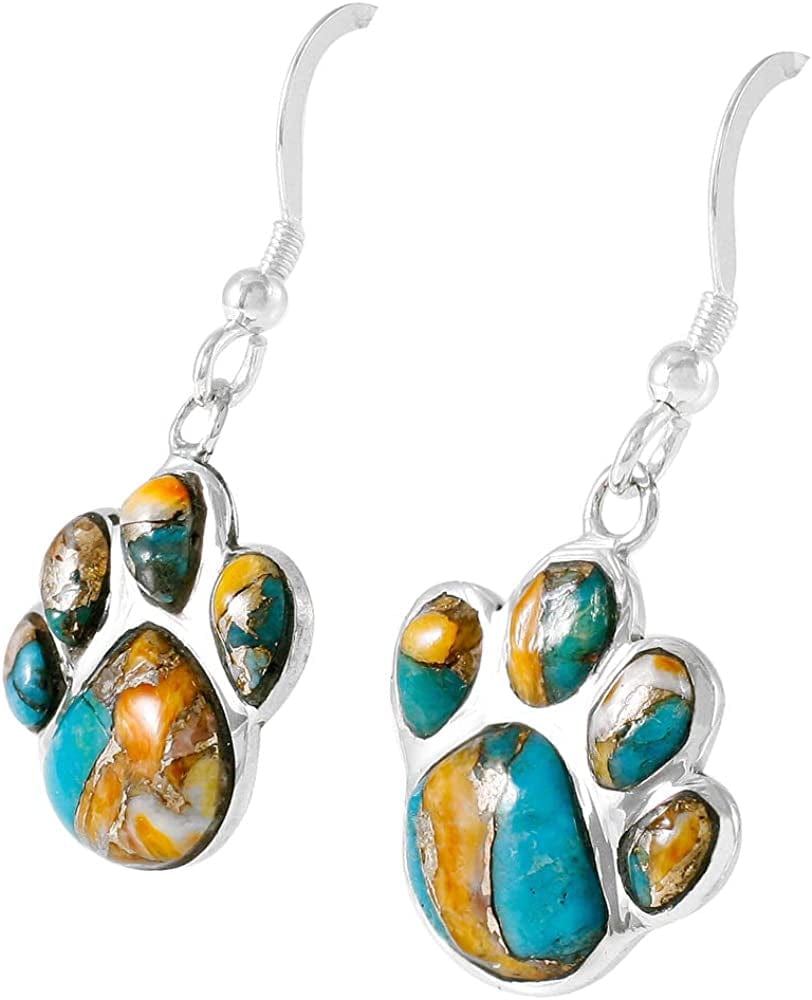 Dog Paw Earrings in Sterling Silver & Genuine Turquoise & Gemstones