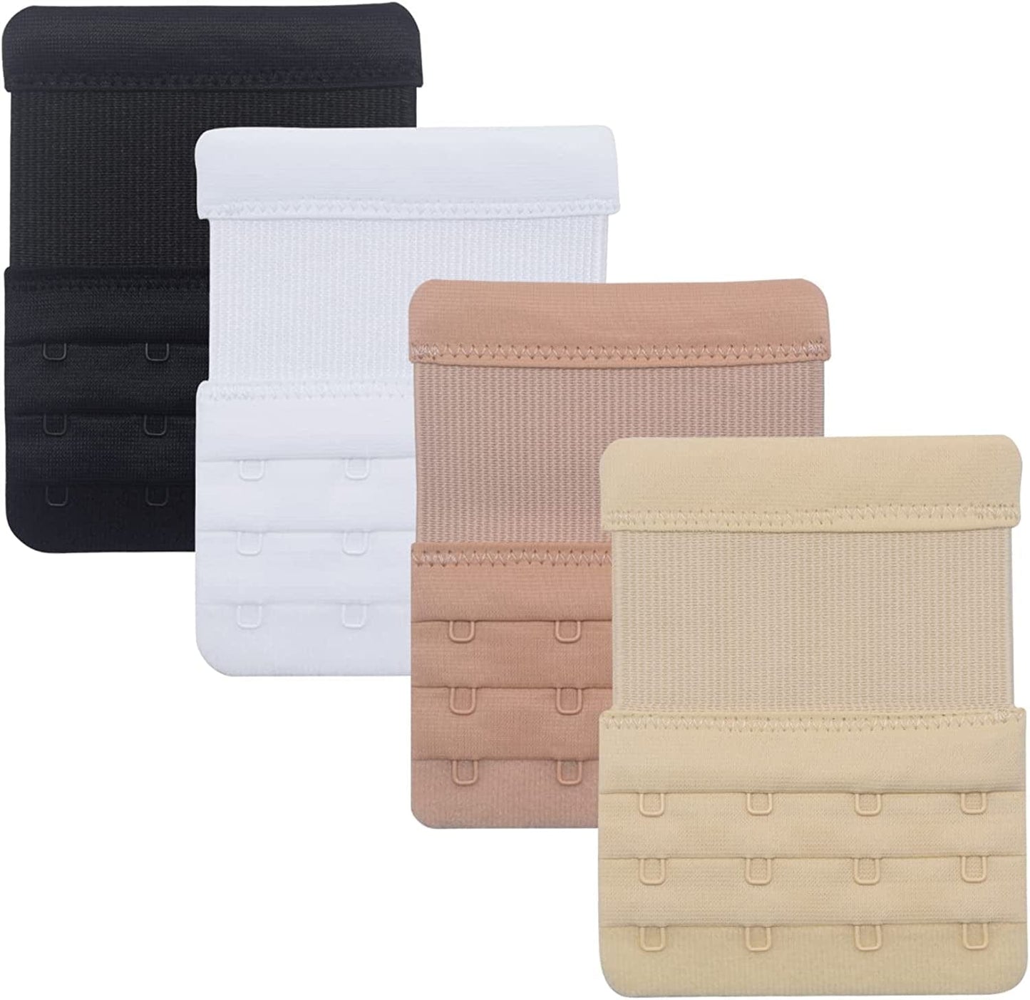 Dohope Elastic Back Bra Extender 4 Hook 3 Row 3/4" Stretchy Extension Tape Multi Color 4pcs Black, White, Dark Beige, Light Beige