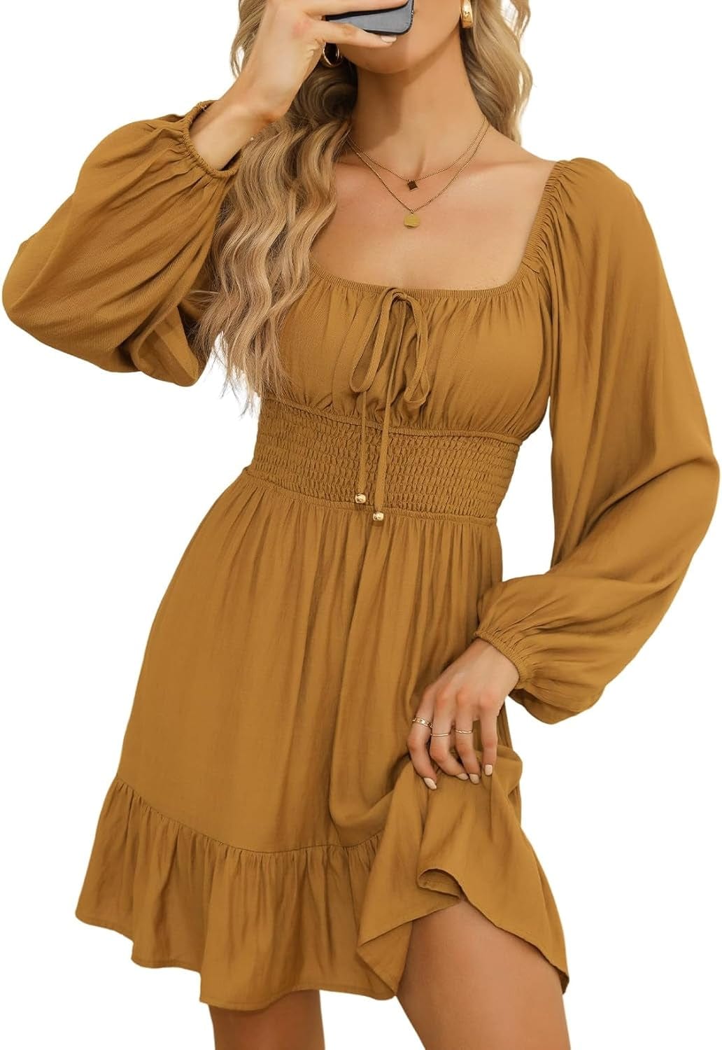 Dokotoo Womens Dresses Square Neck Long Puff Sleeve Elastic Waist A-Line Casual Mini Dress Khaki / X-Large