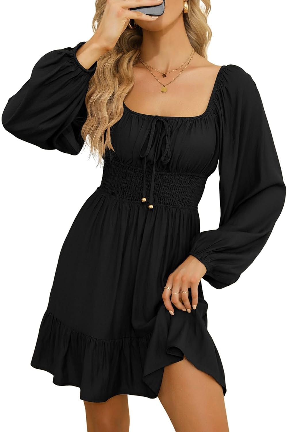 Dokotoo Womens Dresses Square Neck Long Puff Sleeve Elastic Waist A-Line Casual Mini Dress Black / Medium