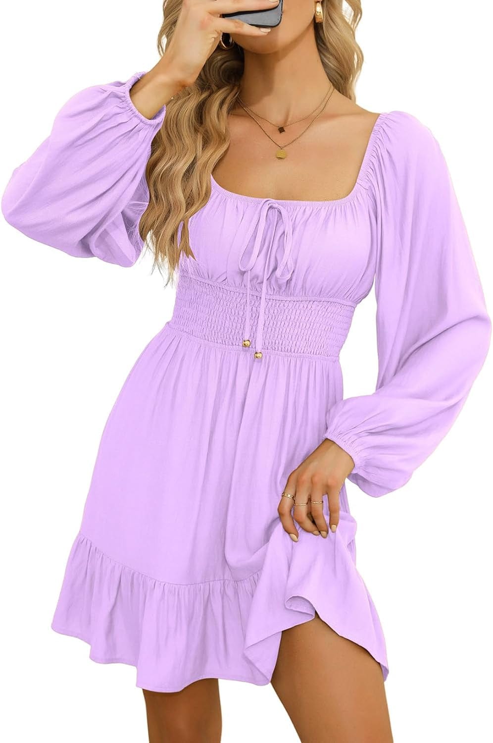Dokotoo Womens Dresses Square Neck Long Puff Sleeve Elastic Waist A-Line Casual Mini Dress Pink Purple / Xx-Large