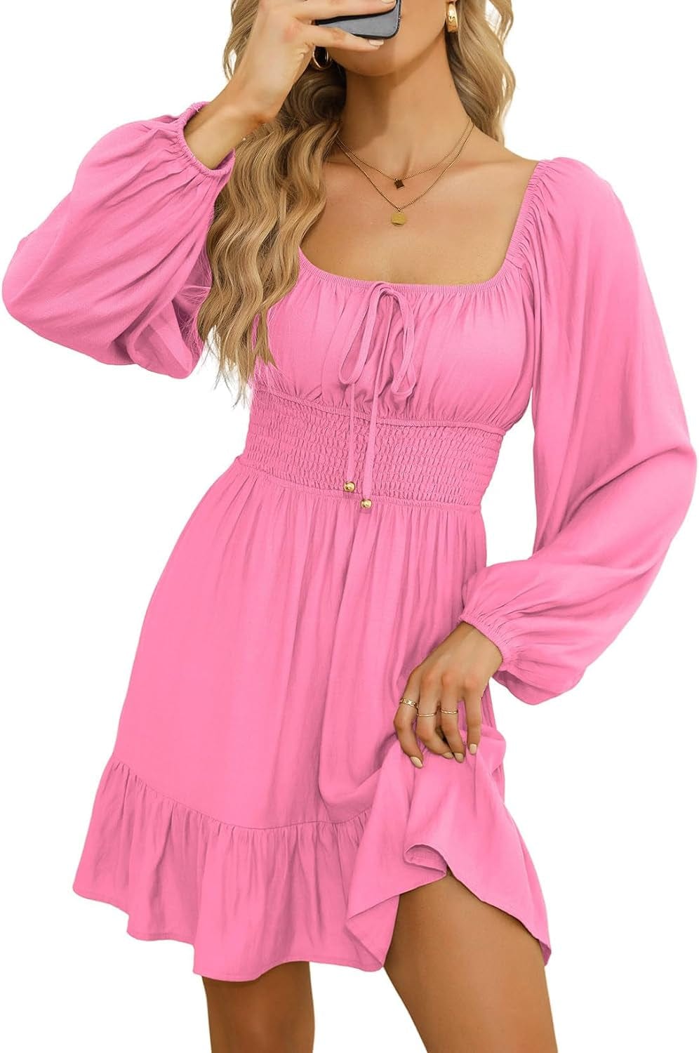 Dokotoo Womens Dresses Square Neck Long Puff Sleeve Elastic Waist A-Line Casual Mini Dress Pink / Xx-Large