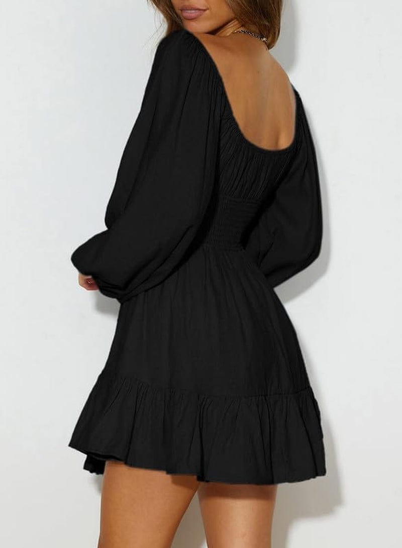 Dokotoo Womens Dresses Square Neck Long Puff Sleeve Elastic Waist A-Line Casual Mini Dress